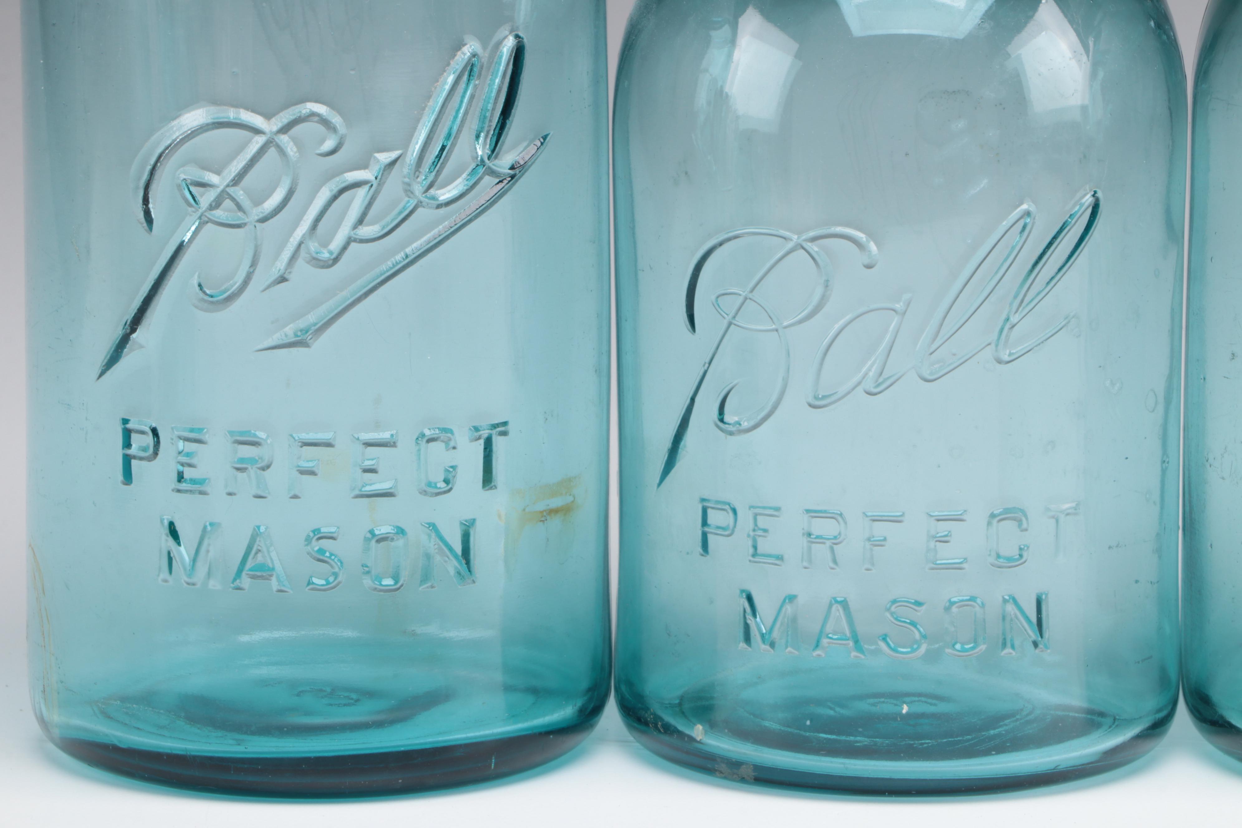 Ball Perfect Mason Blue Glass Canning Jars, 20th Century