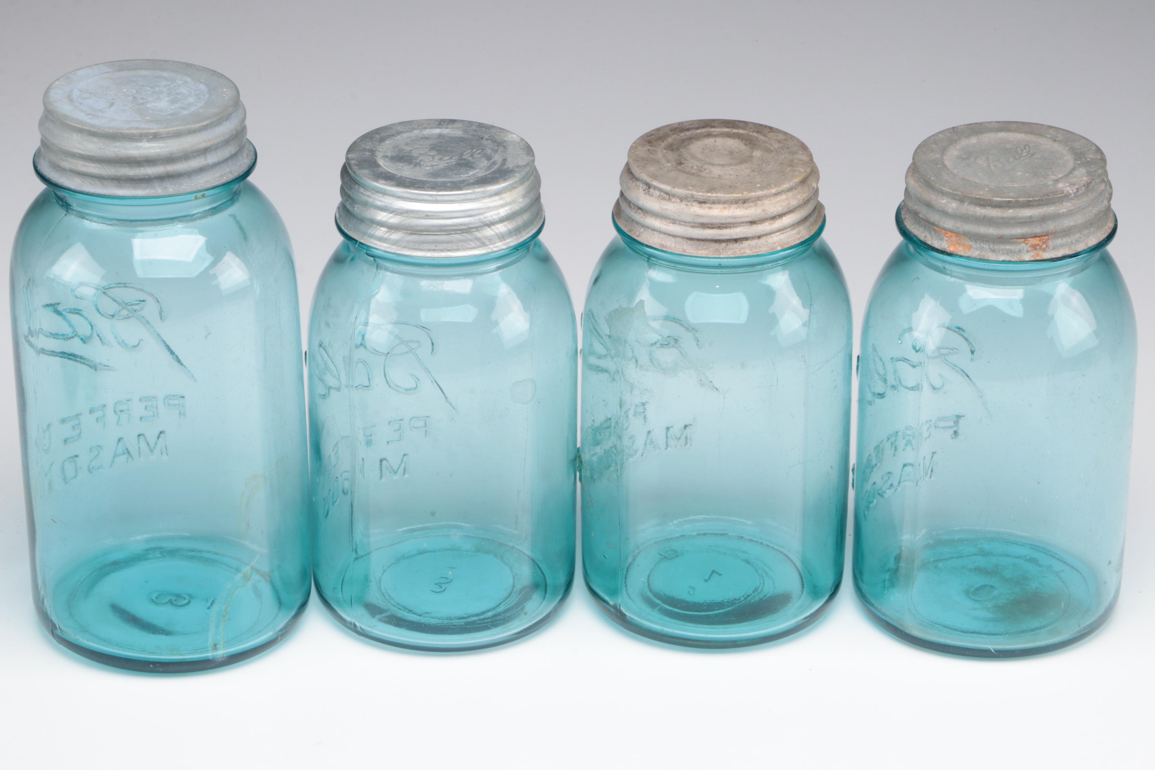 Ball Perfect Mason Blue Glass Canning Jars, 20th Century