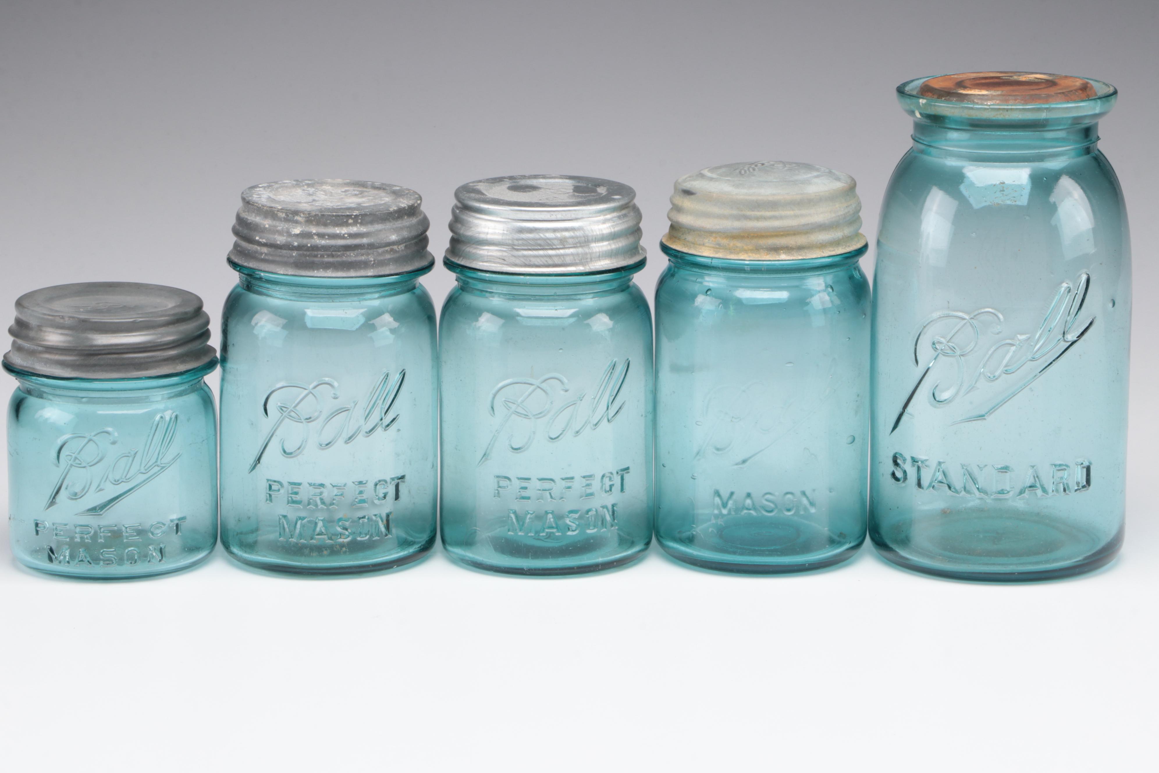 Ball Perfect Mason Blue Glass Canning Jars, 20th Century