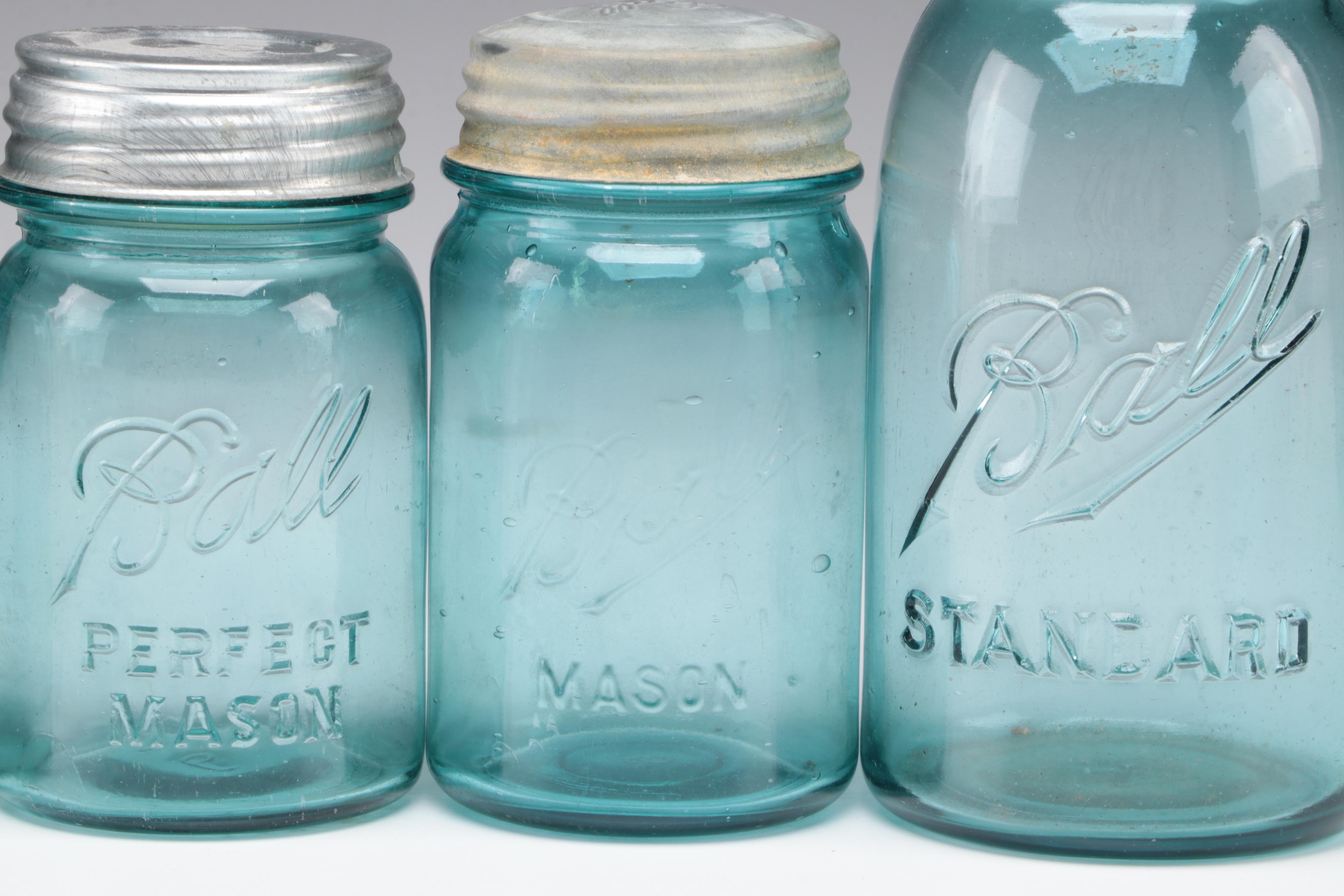 Ball Perfect Mason Blue Glass Canning Jars, 20th Century