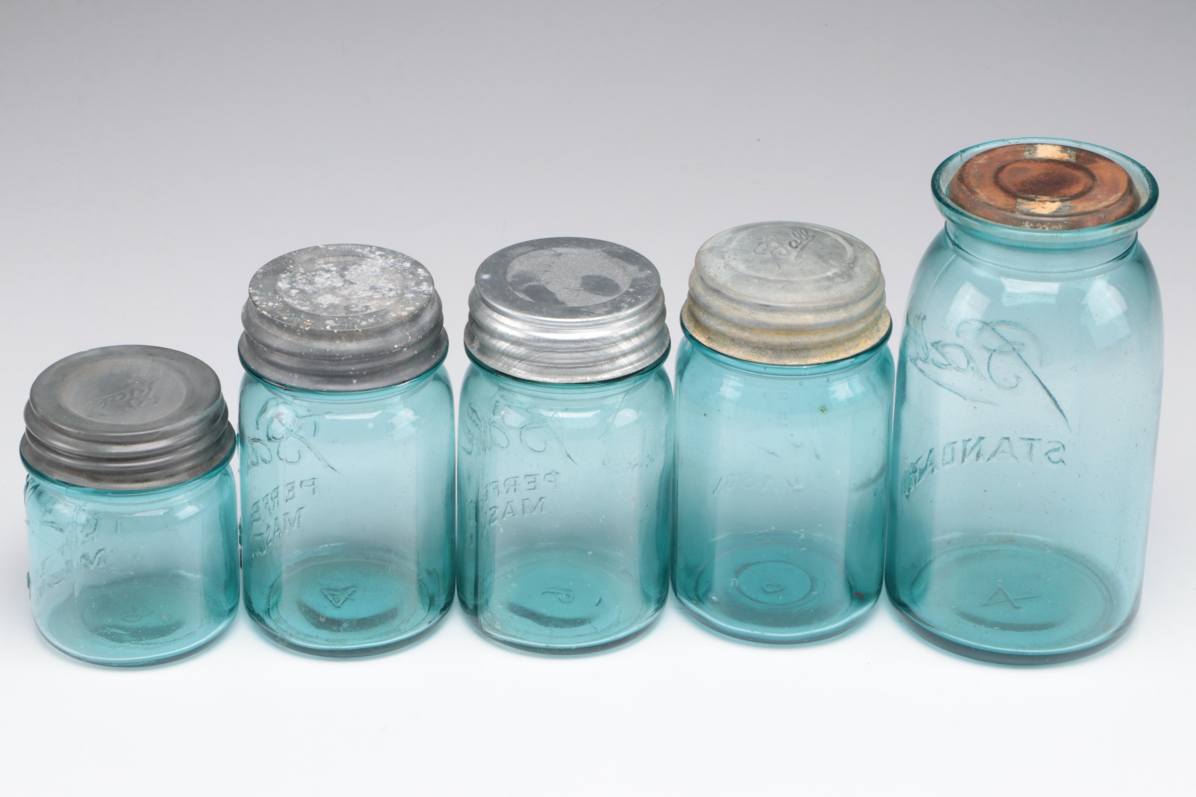 Ball Perfect Mason Blue Glass Canning Jars, 20th Century