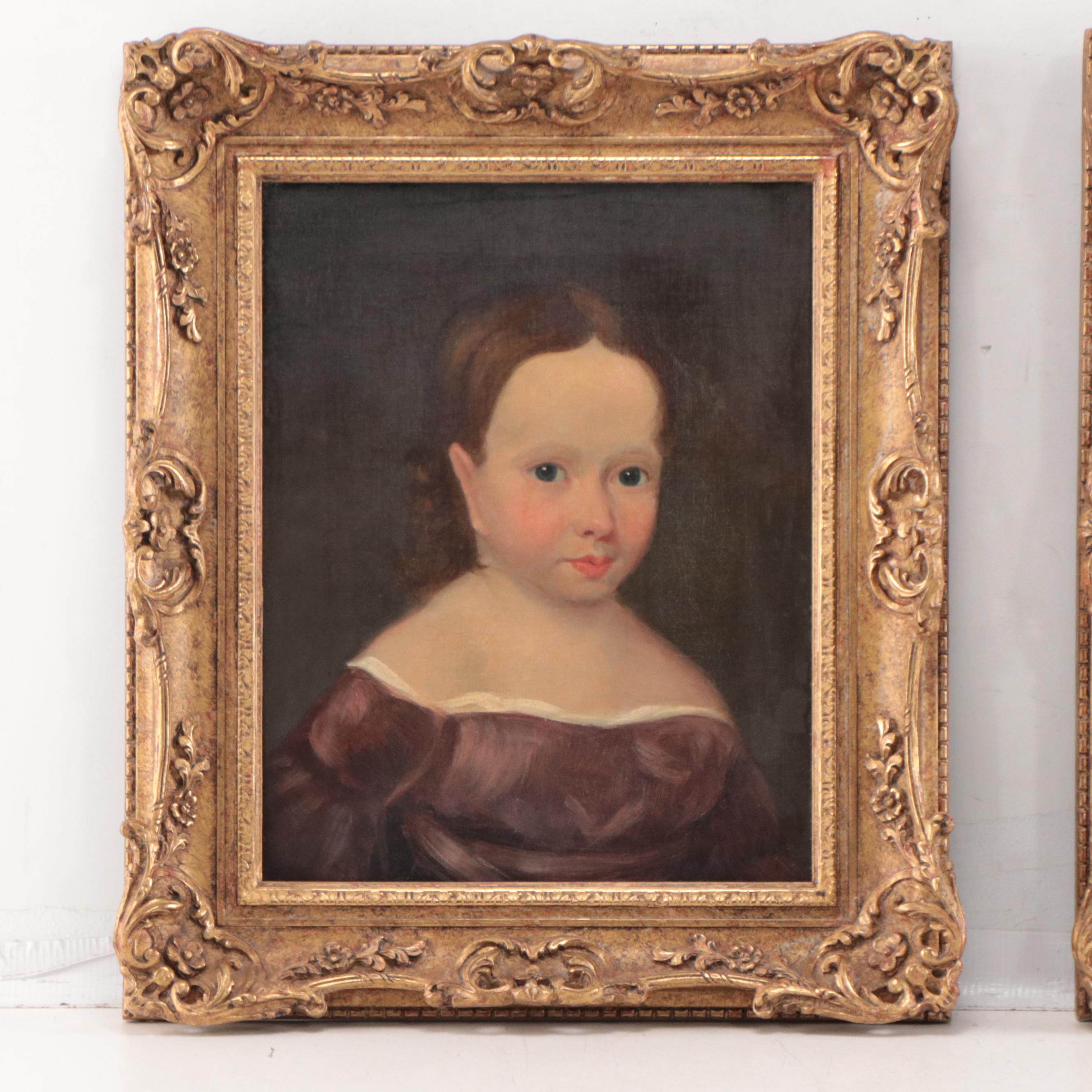 American School Folk Art Oil Portraits of Children, Circa 1900