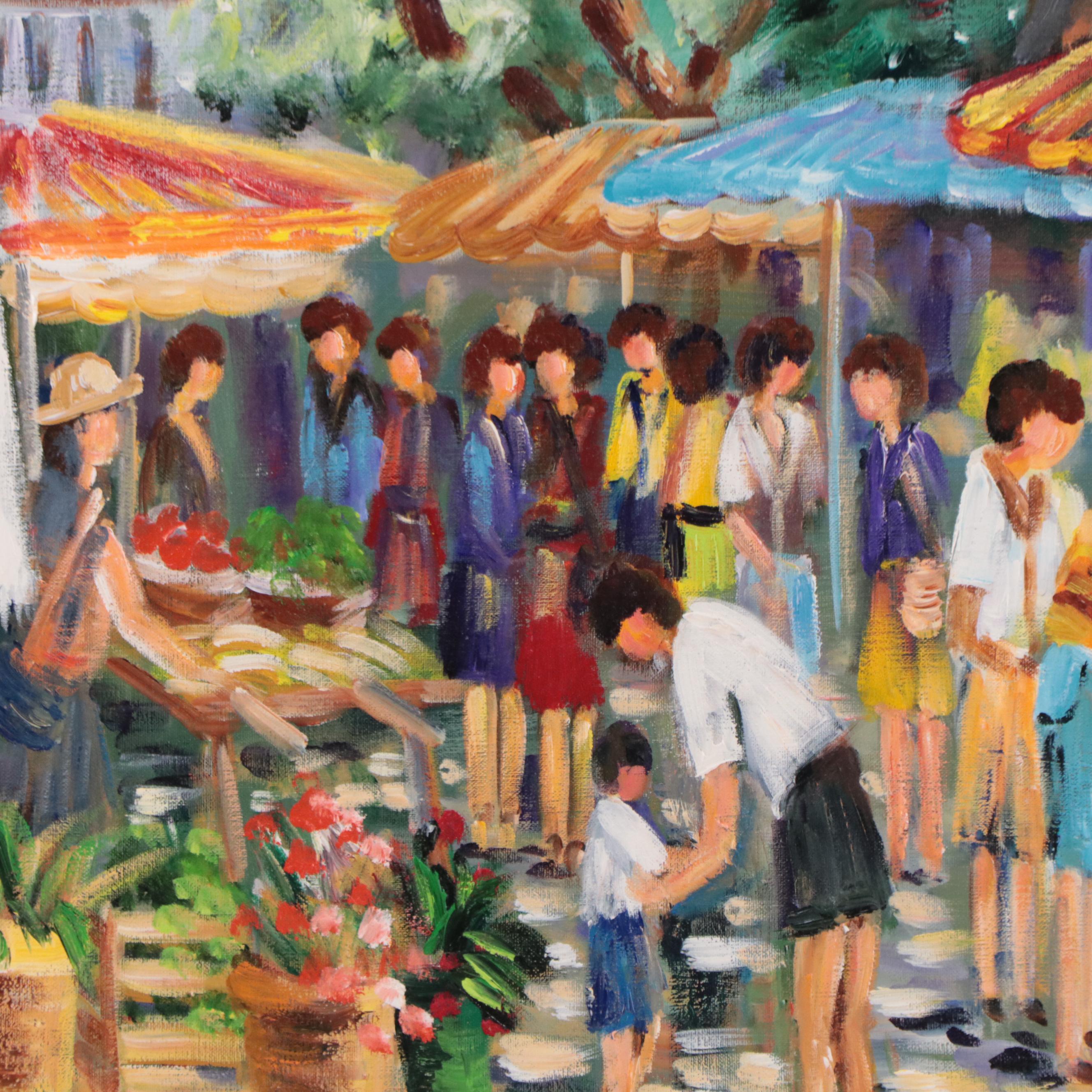 Oil Painting of Market Scene With Crowd of Figures