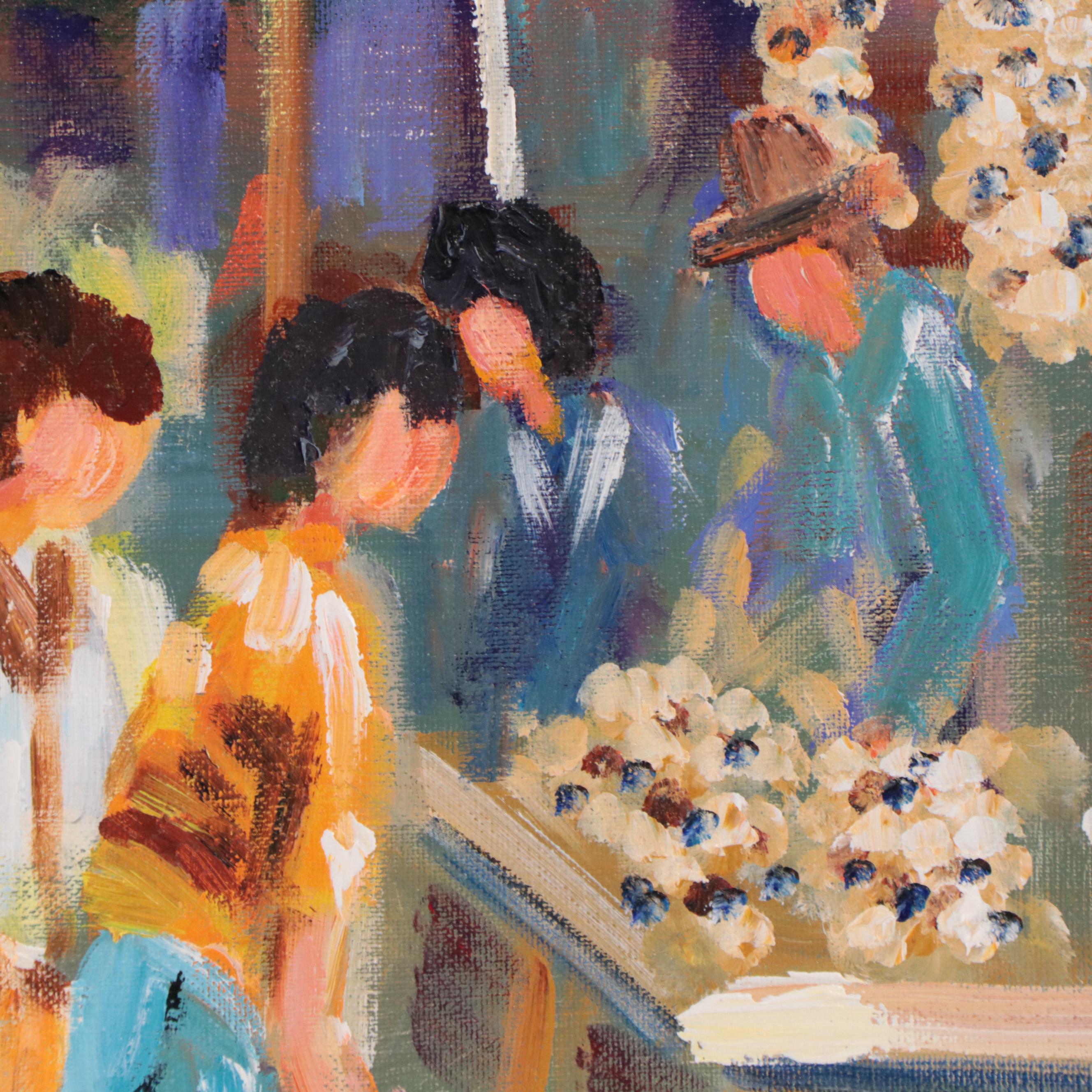 Oil Painting of Market Scene With Crowd of Figures