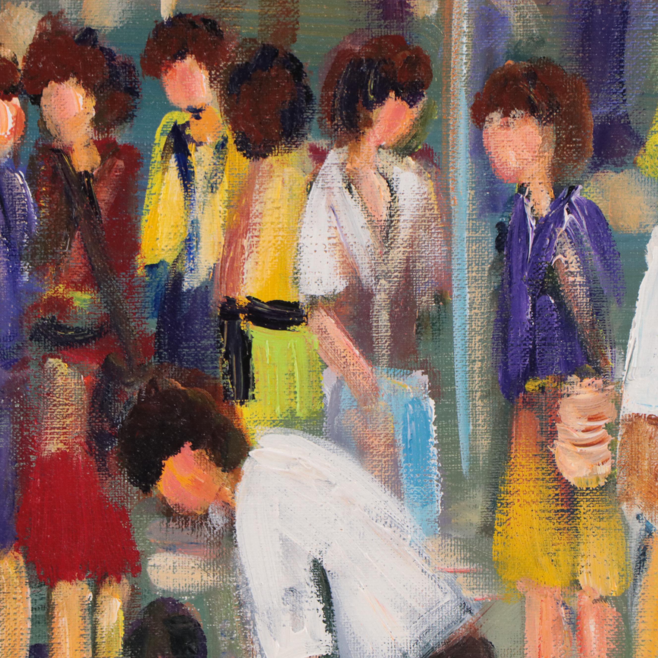 Oil Painting of Market Scene With Crowd of Figures