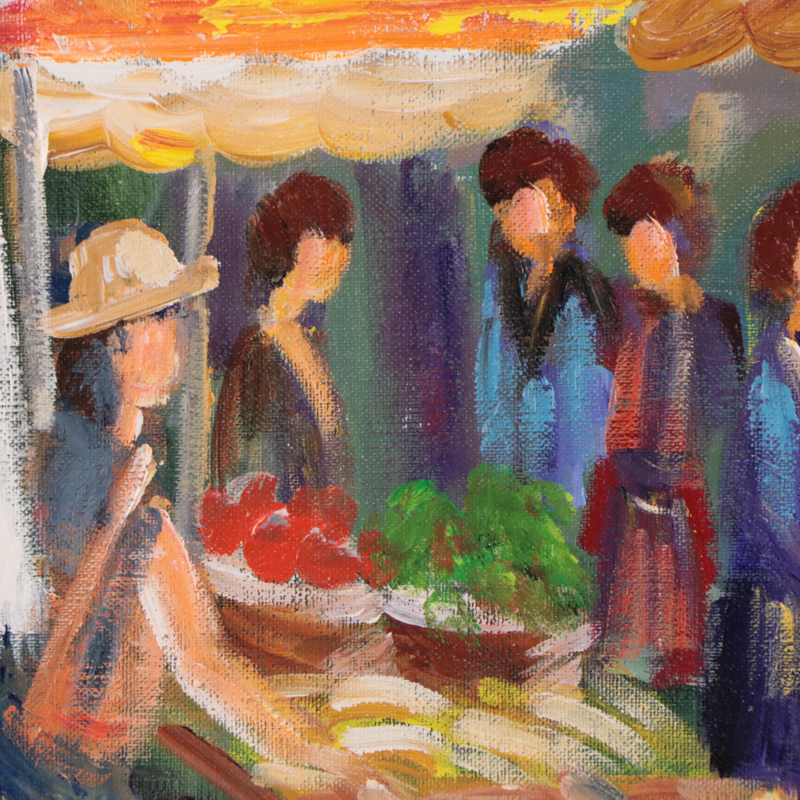 Oil Painting of Market Scene With Crowd of Figures