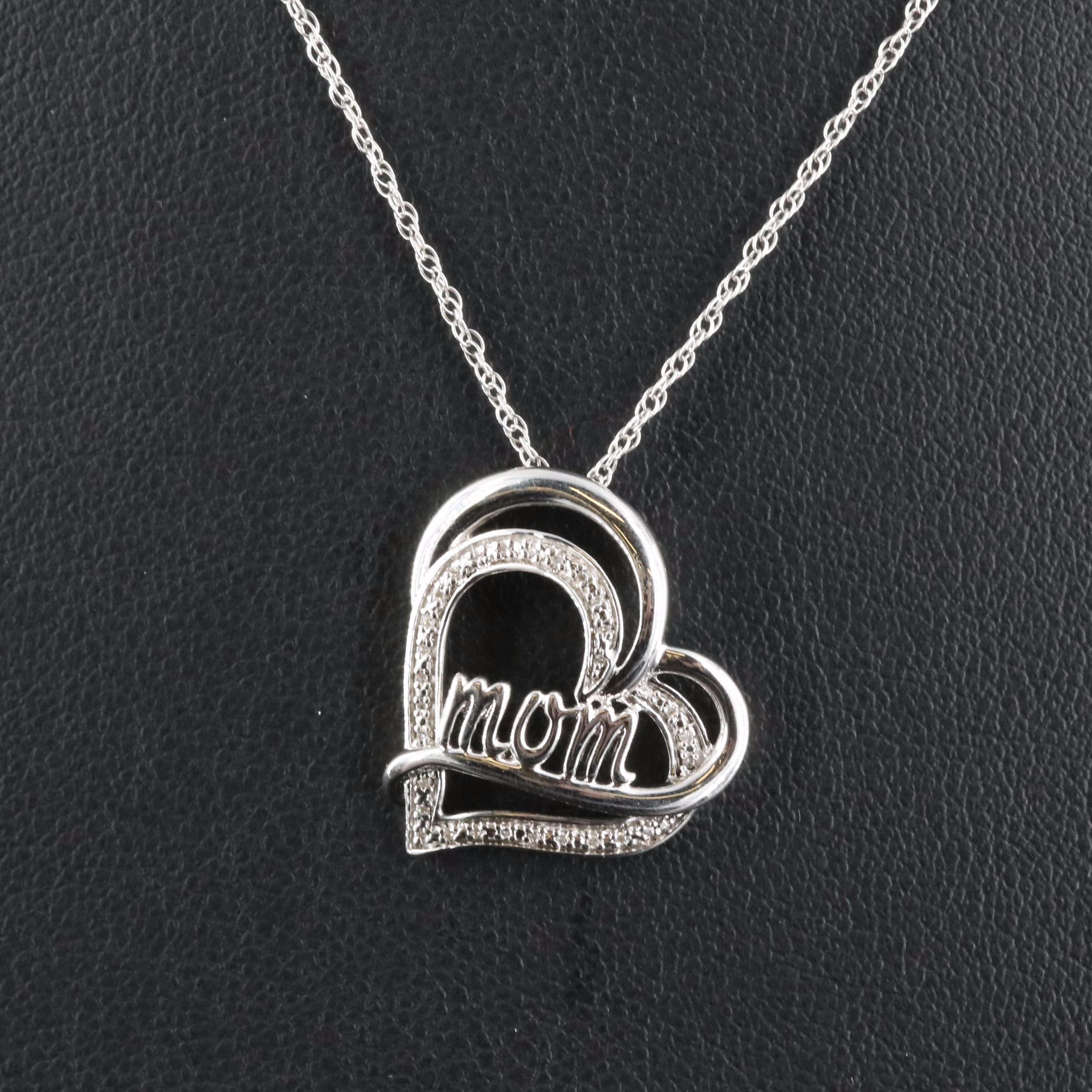 Sterling Diamond "Mom" Heart Pendant Necklace