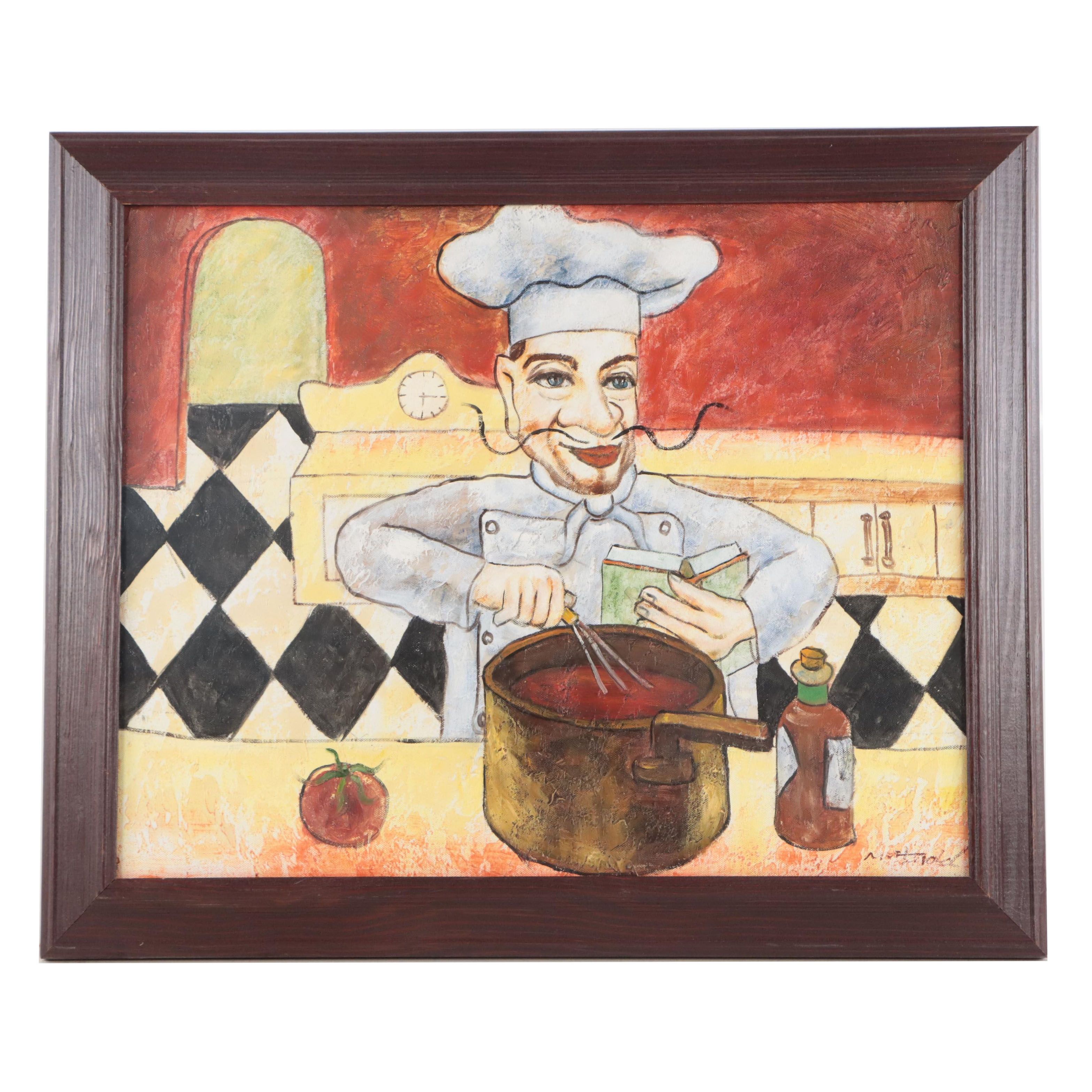 M. Harold Oil Painting of Chef Cooking In Kitchen