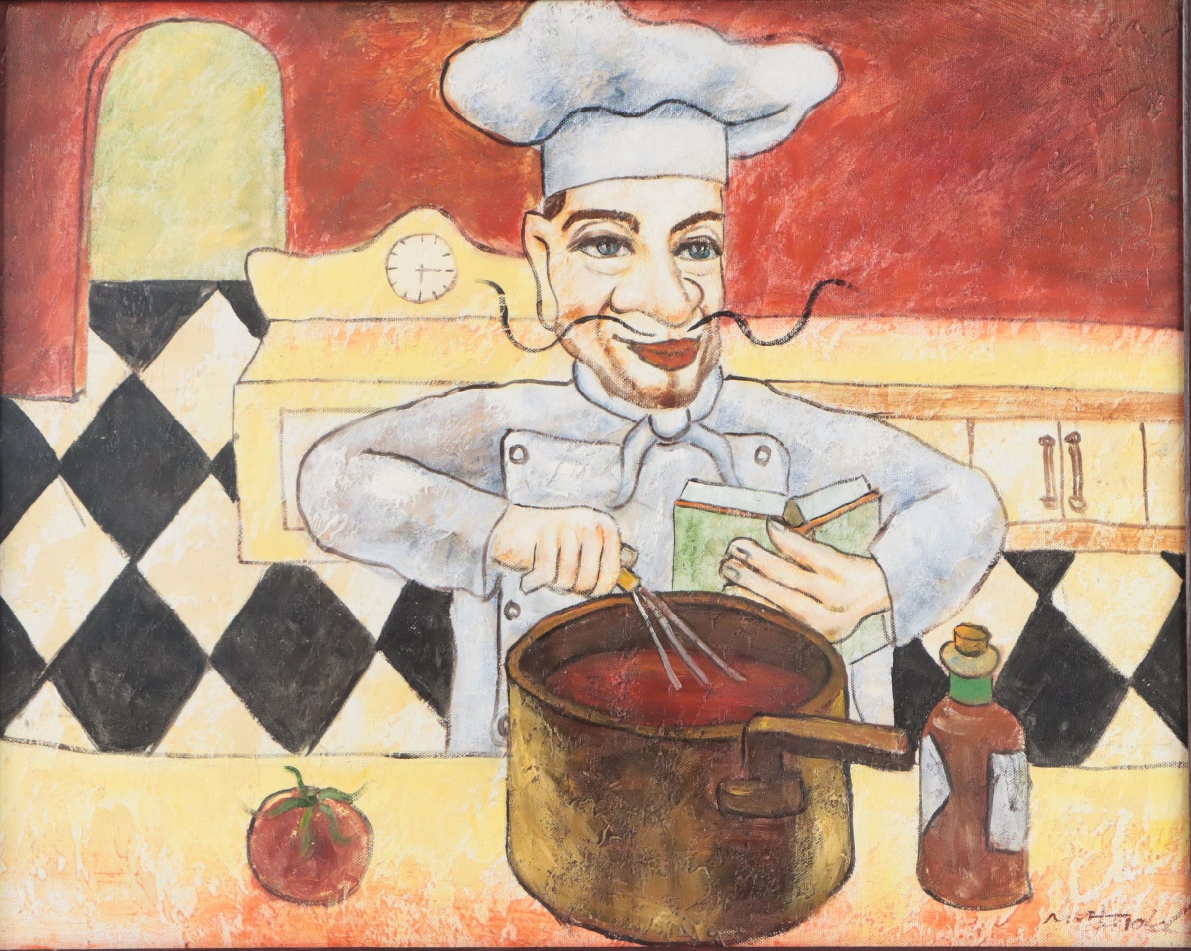 M. Harold Oil Painting of Chef Cooking In Kitchen