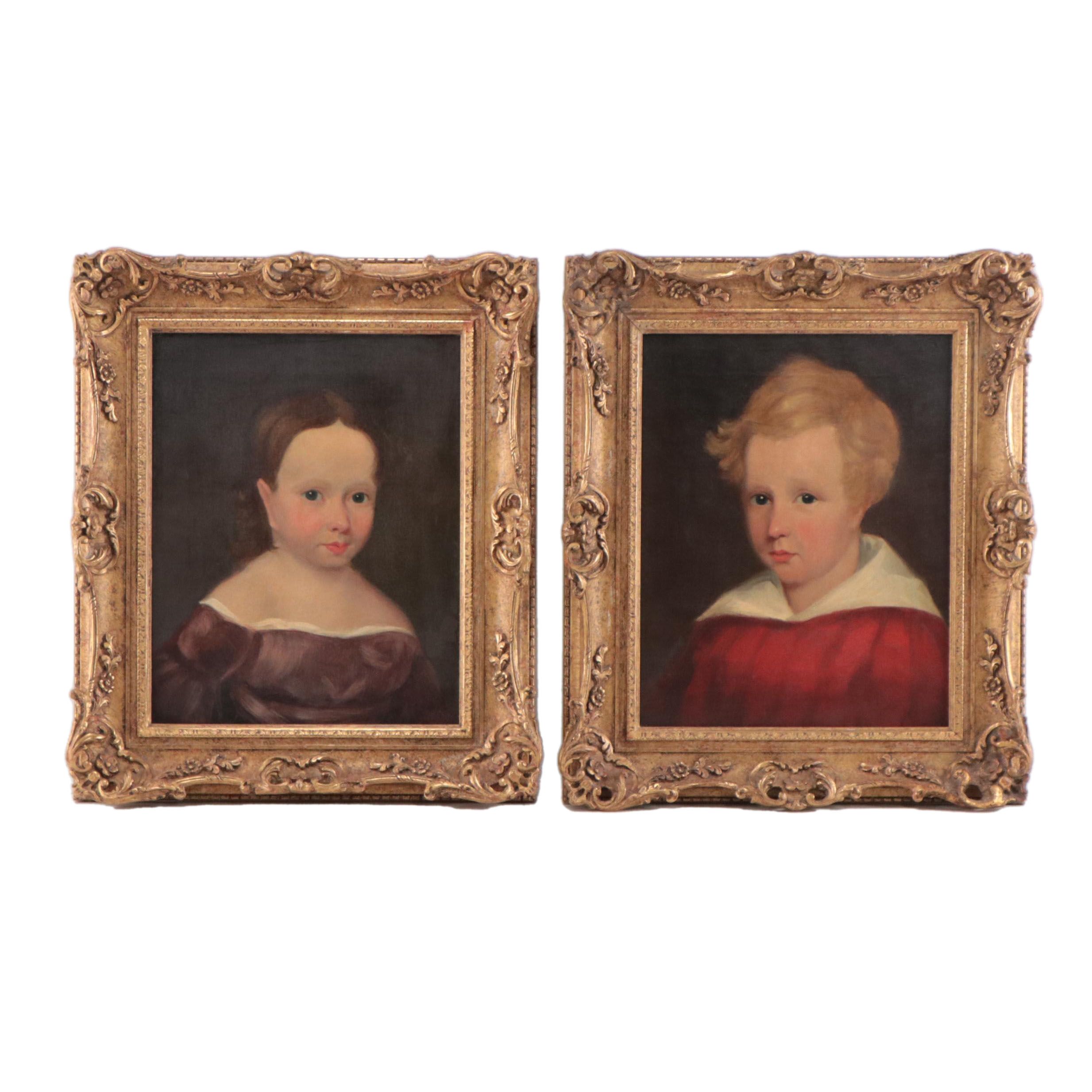 American School Folk Art Oil Portraits of Children, Circa 1900