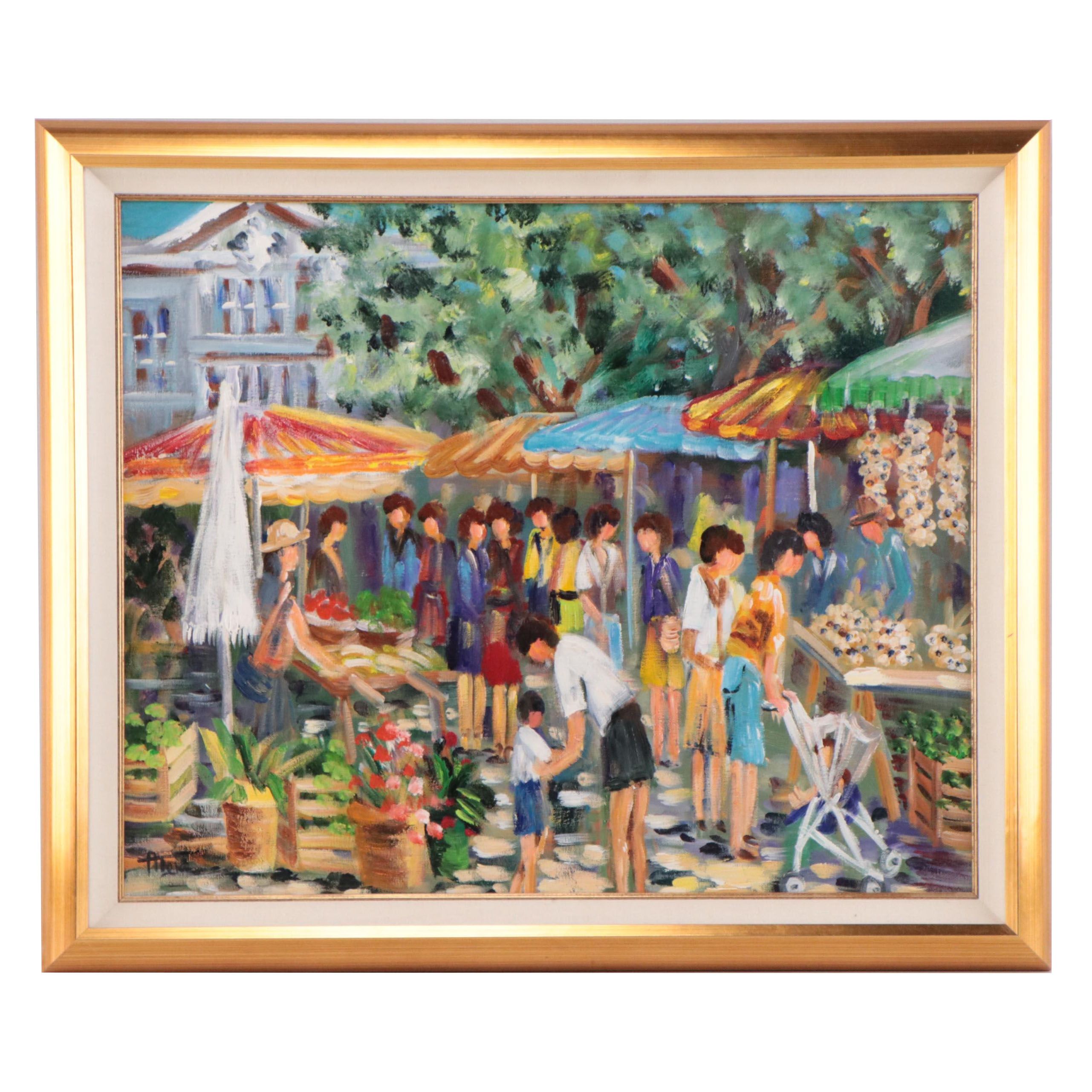 Oil Painting of Market Scene With Crowd of Figures