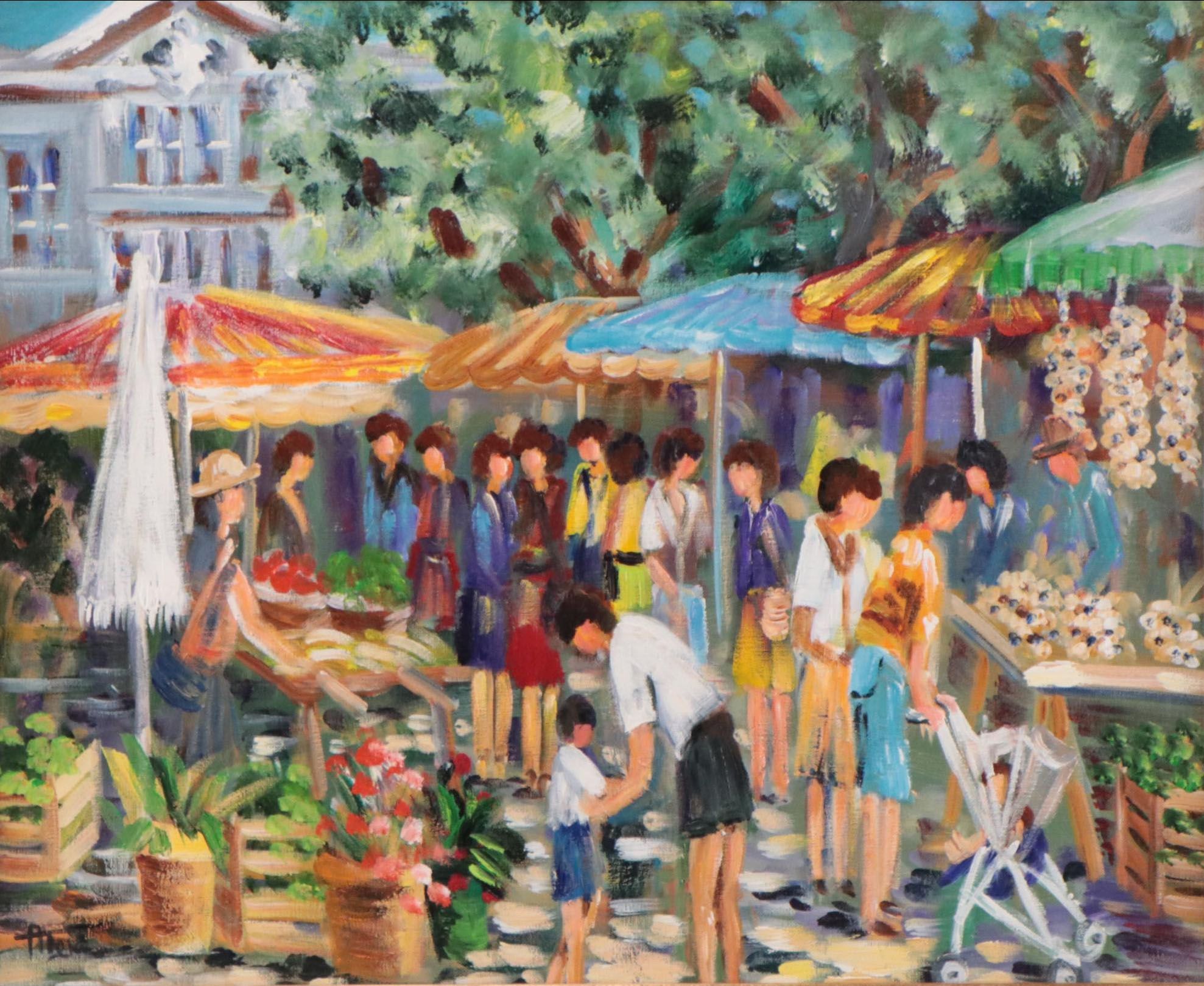 Oil Painting of Market Scene With Crowd of Figures