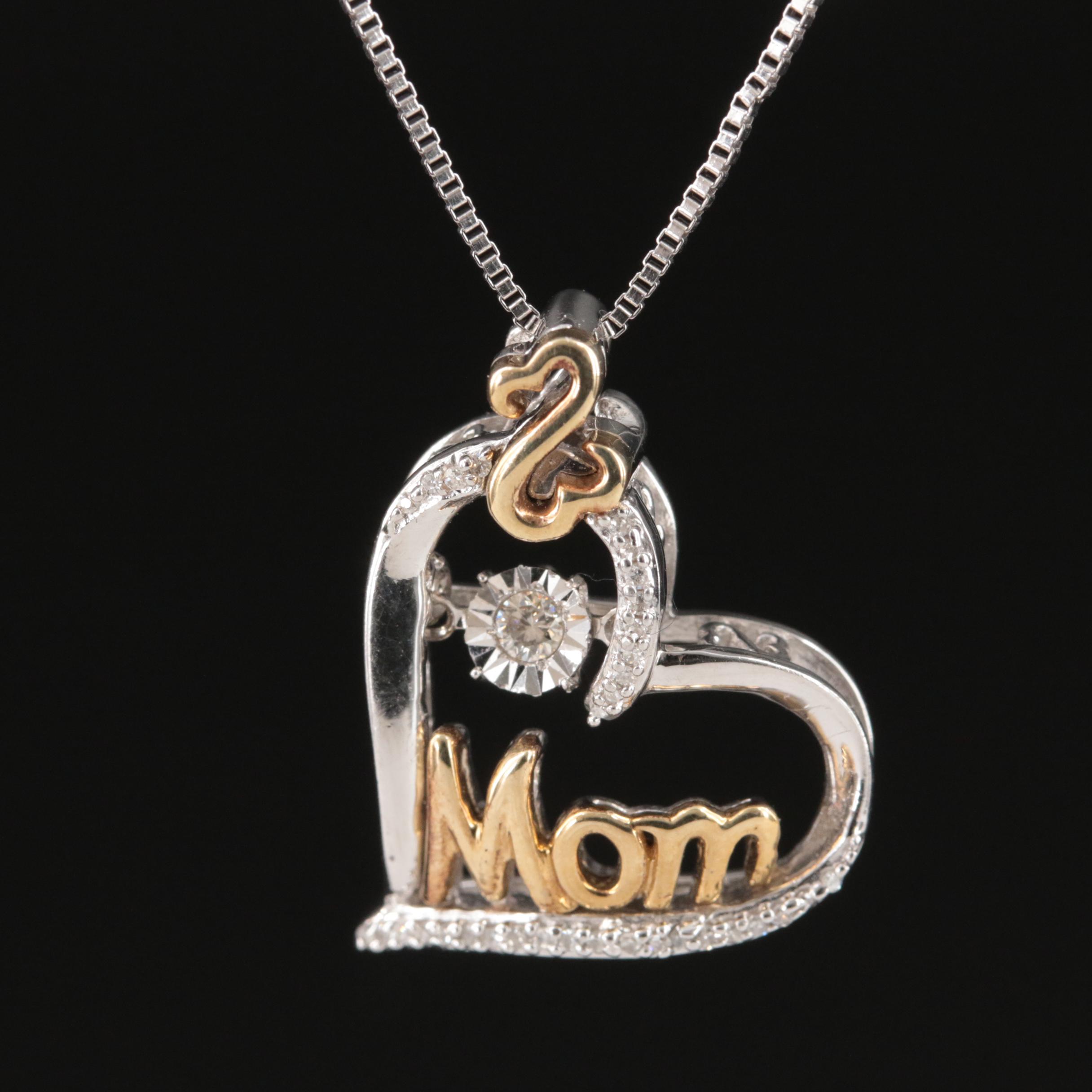 Sterling Diamond Mom Heart En Tremblant Pendant Necklace with 10K Accents