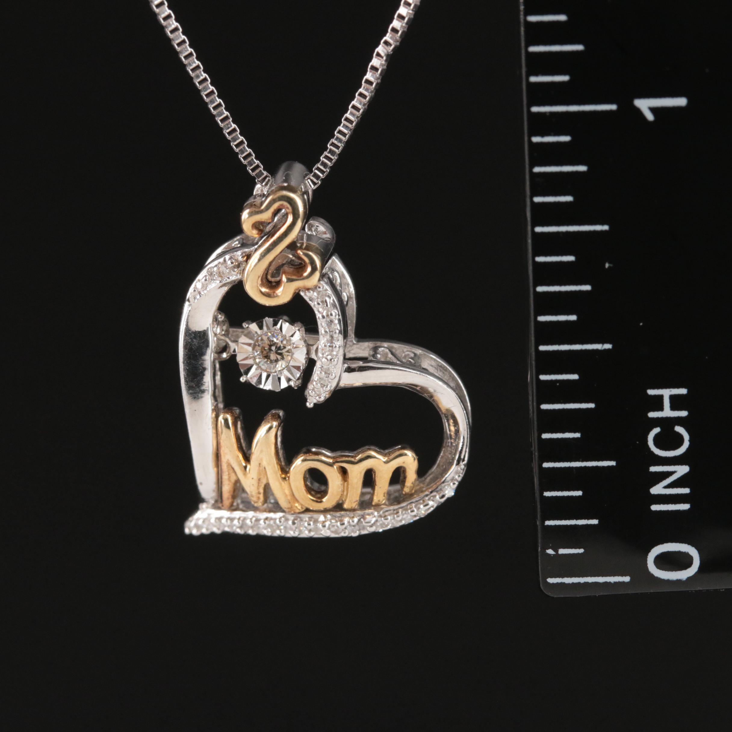 Sterling Diamond Mom Heart En Tremblant Pendant Necklace with 10K Accents