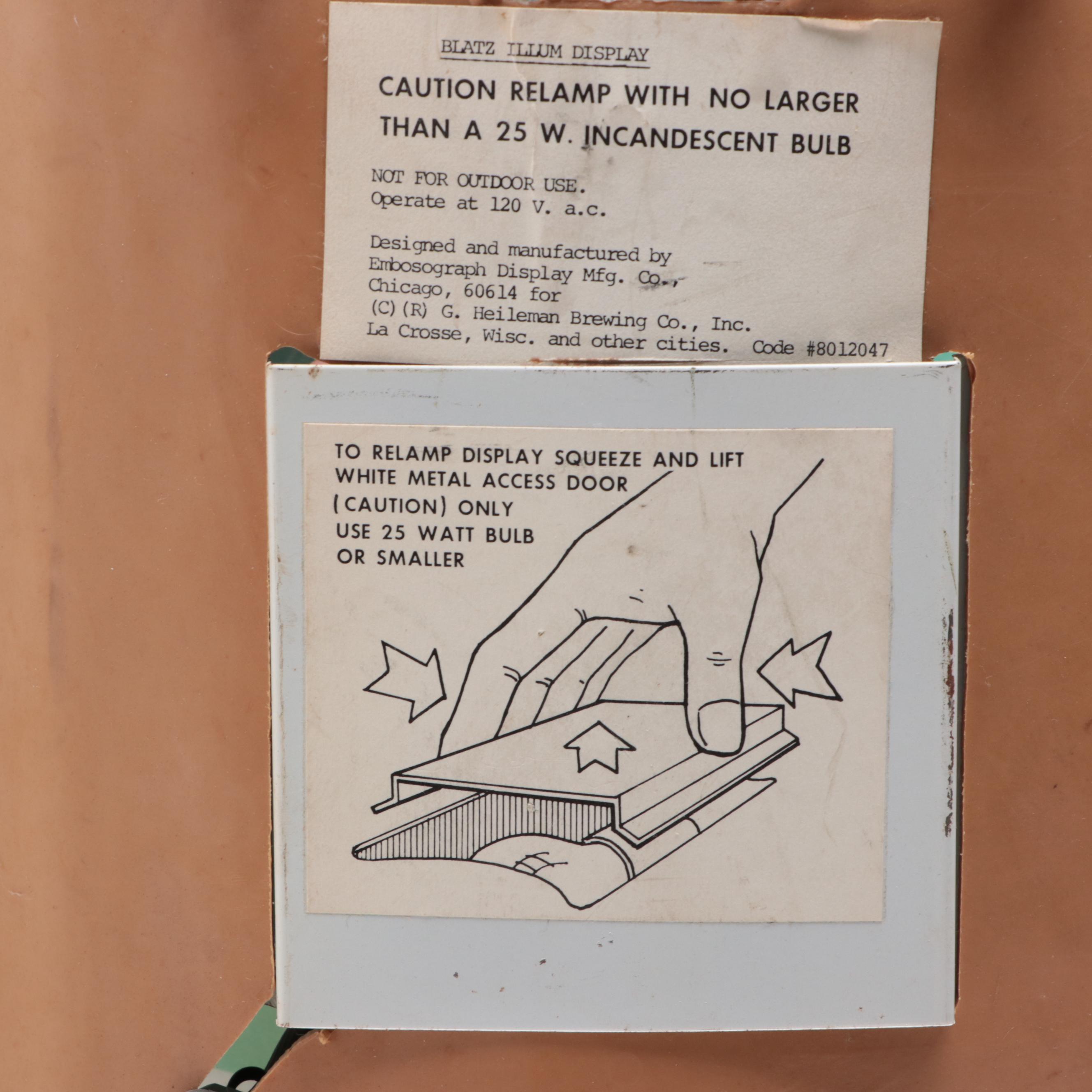 Blatz Beer Plastic Illuminated Advertising Wall Sign, 1984