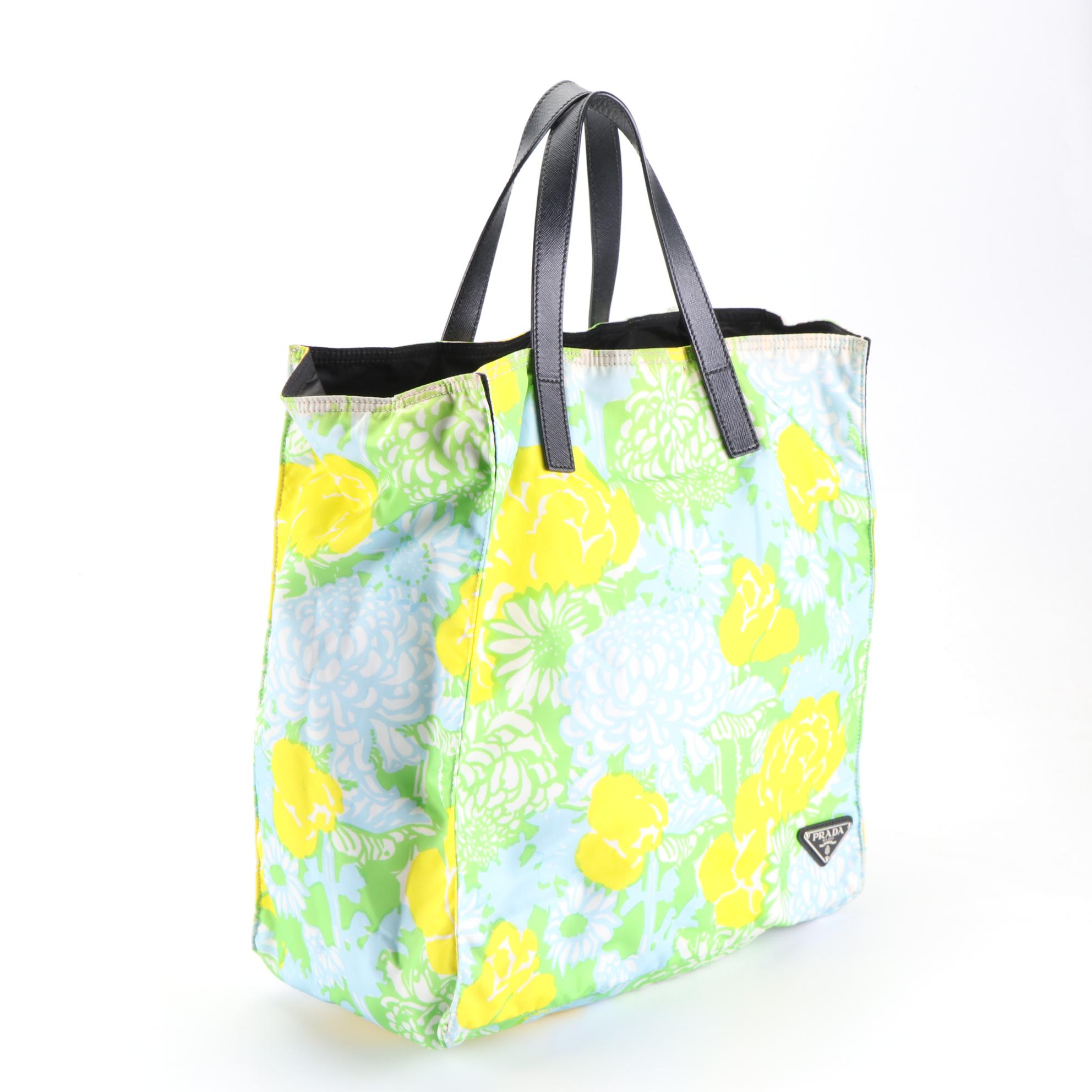 Prada Floral Nylon Tessuto and Saffiano Leather Tote