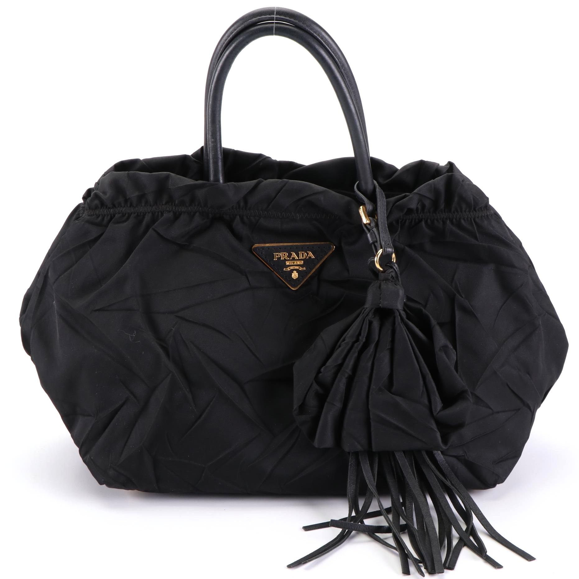 Prada Nylon Ruffle Handbag with Leather Trim