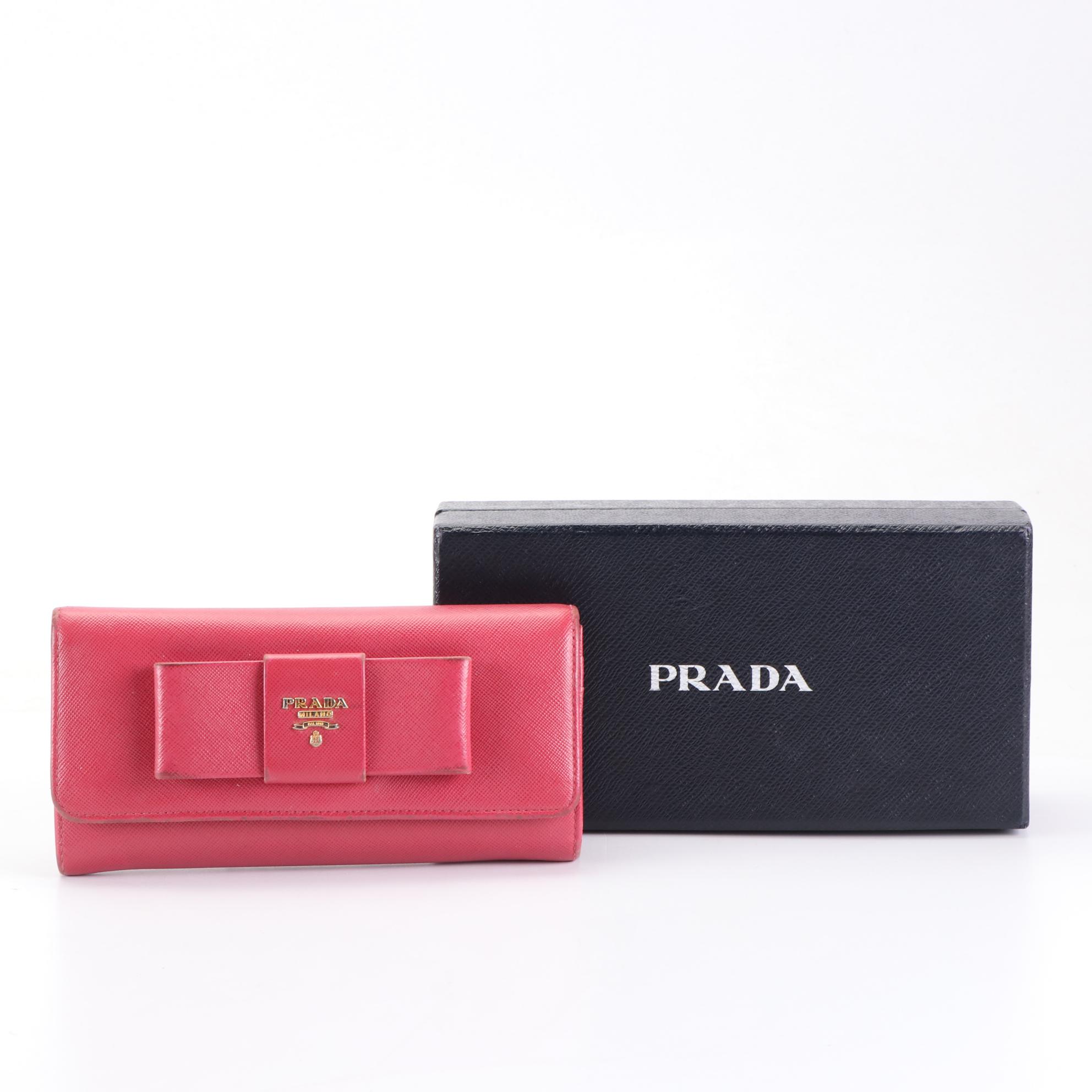 Prada Bow Wallet in Saffiano Leather with Detachable Card Case and Box