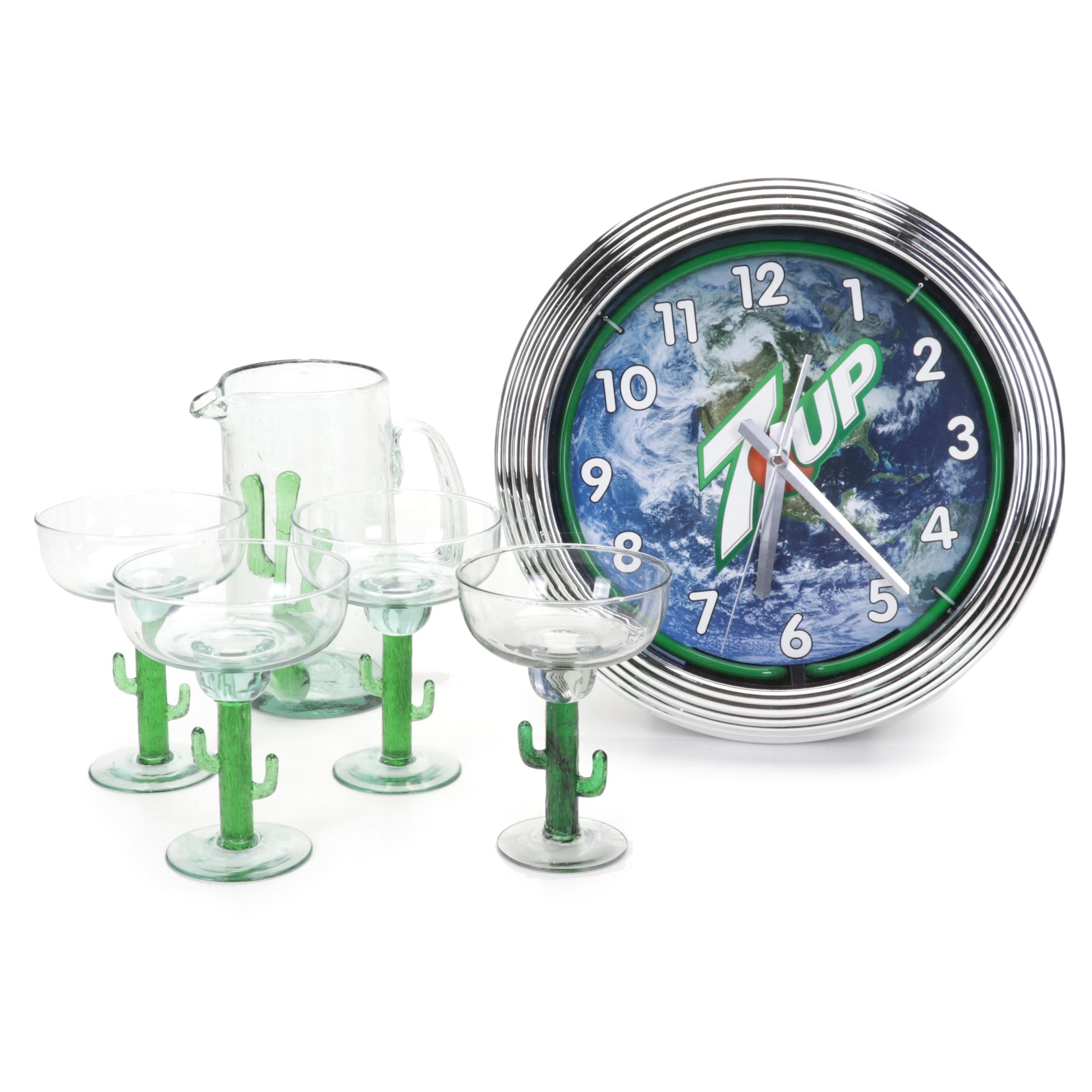 Glass Cactus Stem Margarita Glasses and Pitcher with 7-Up Wall Clock