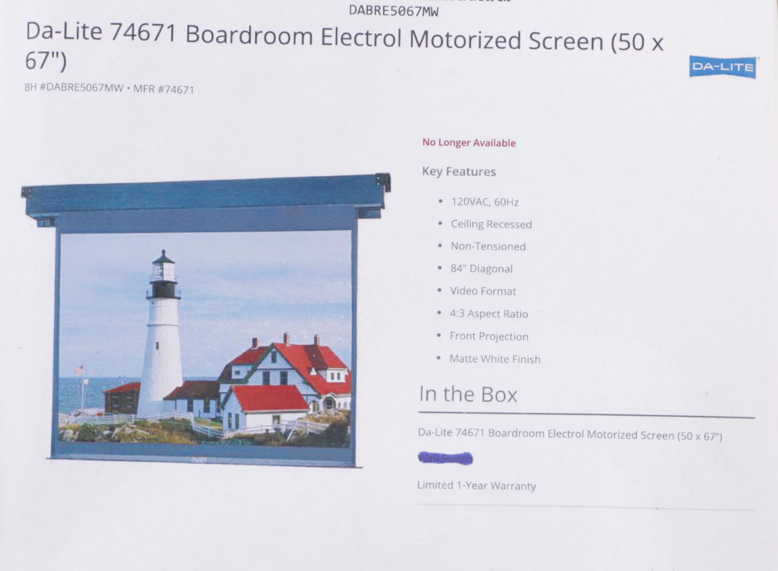 Da-Lite Boardroom Electrol Motorized 50 x 67" Projector Screen
