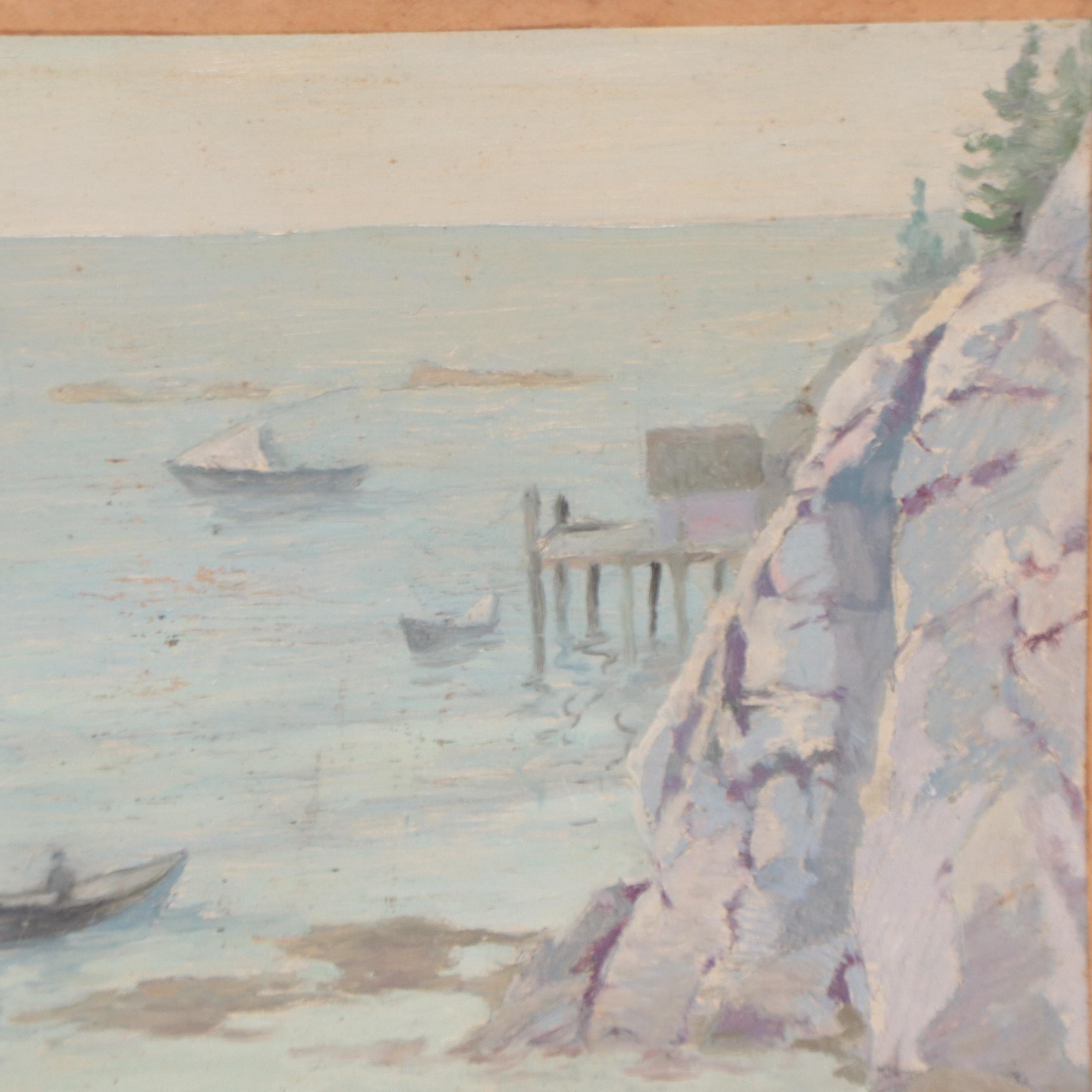 Coastal Scene WIth Fishing Boats Oil Painting, Circa 1940