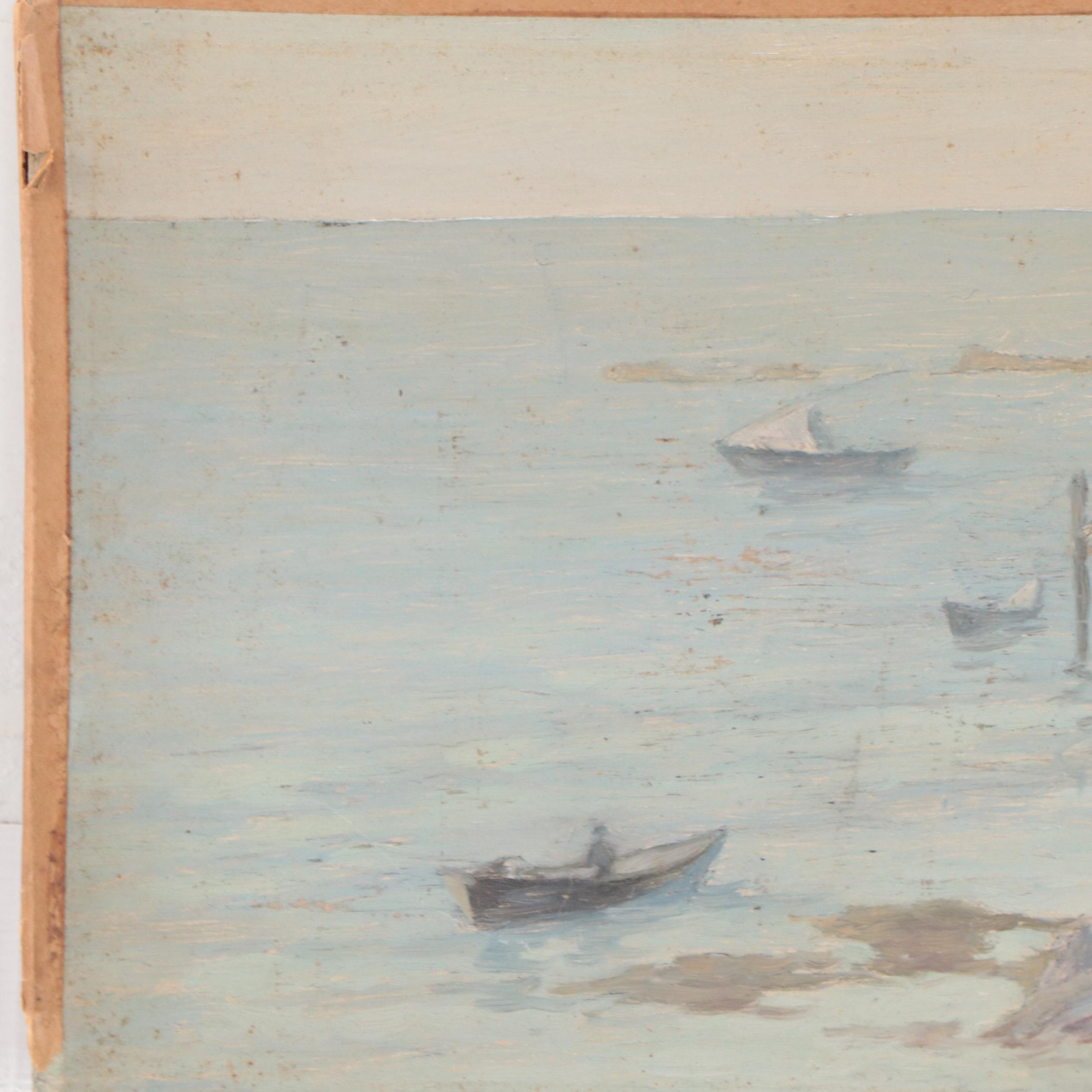 Coastal Scene WIth Fishing Boats Oil Painting, Circa 1940