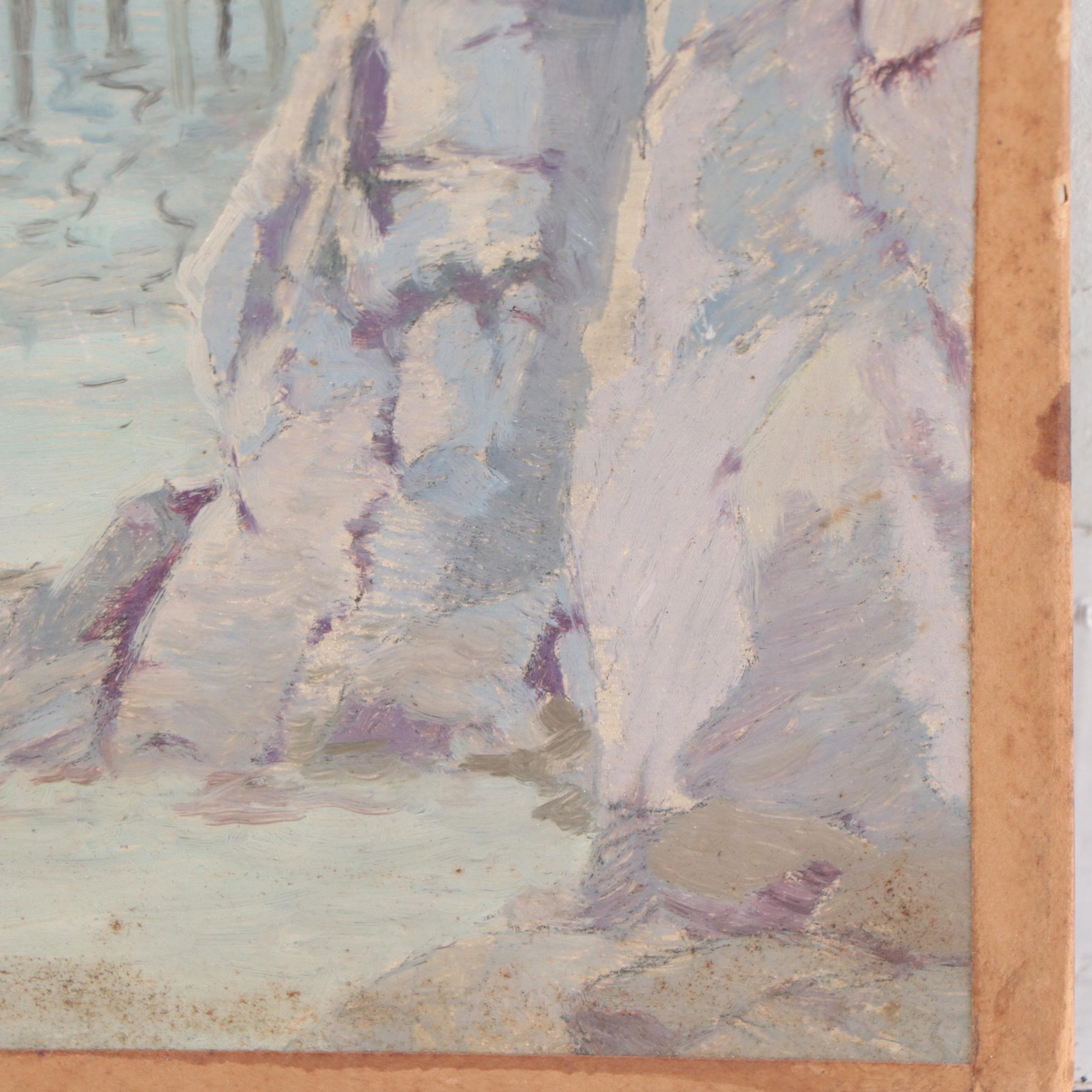 Coastal Scene WIth Fishing Boats Oil Painting, Circa 1940