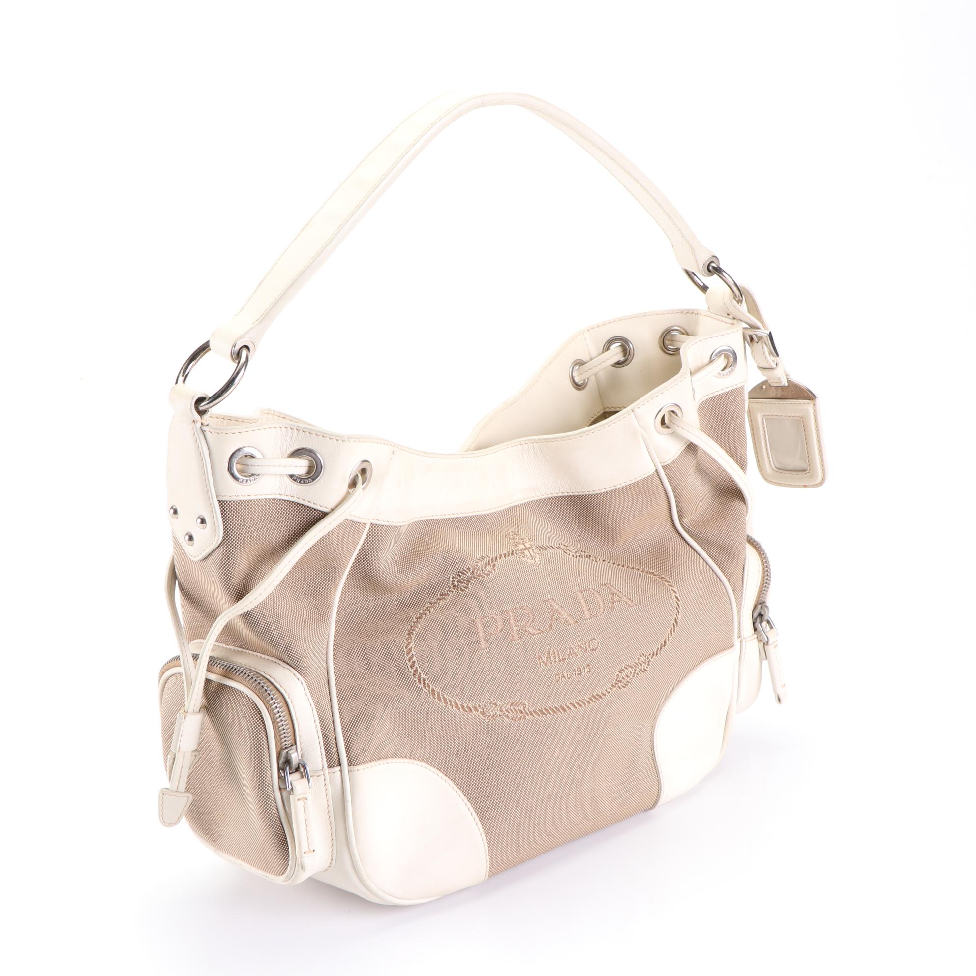 Prada Canapa Logo Jacquard Shoulder Bag with Leather Trim