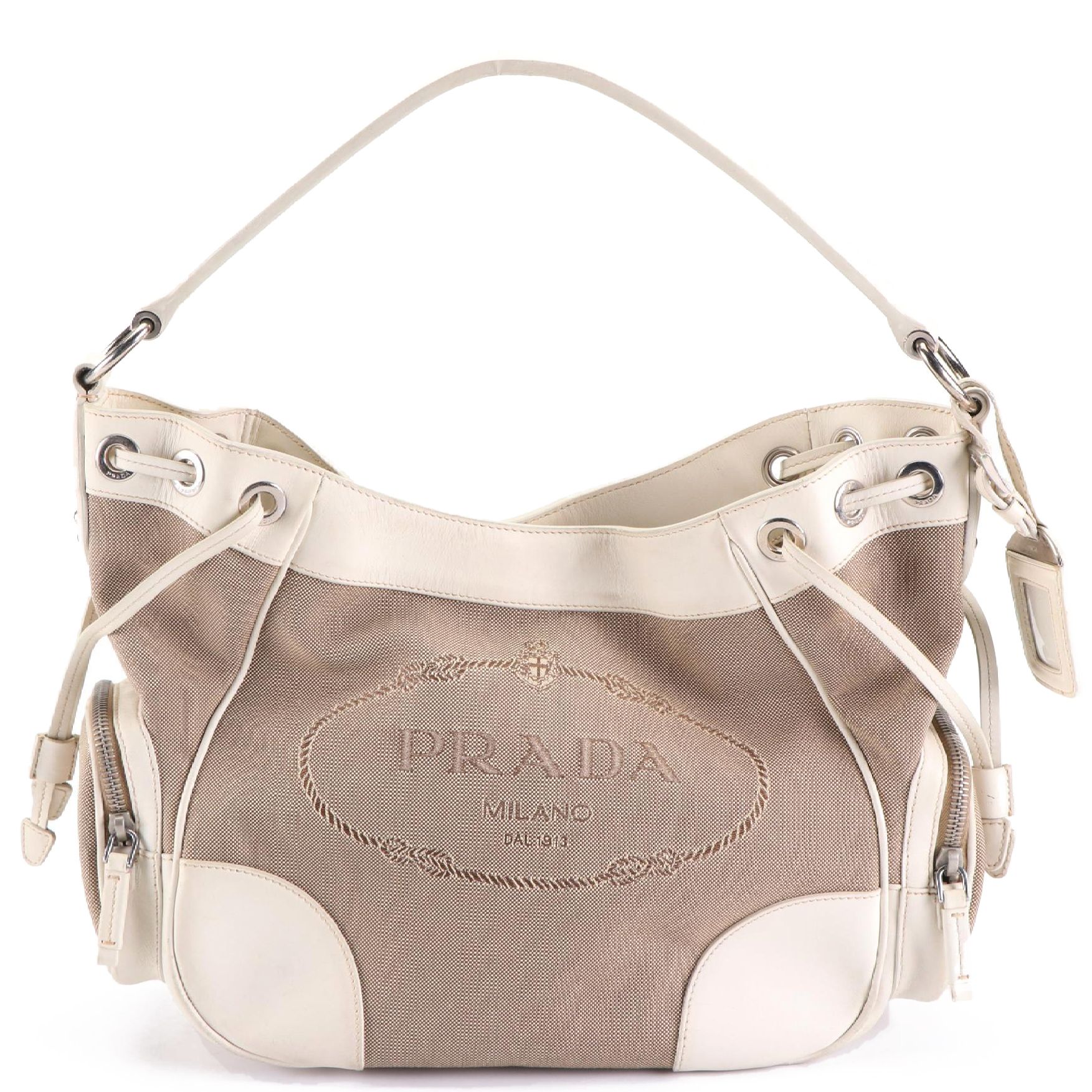 Prada Canapa Logo Jacquard Shoulder Bag with Leather Trim