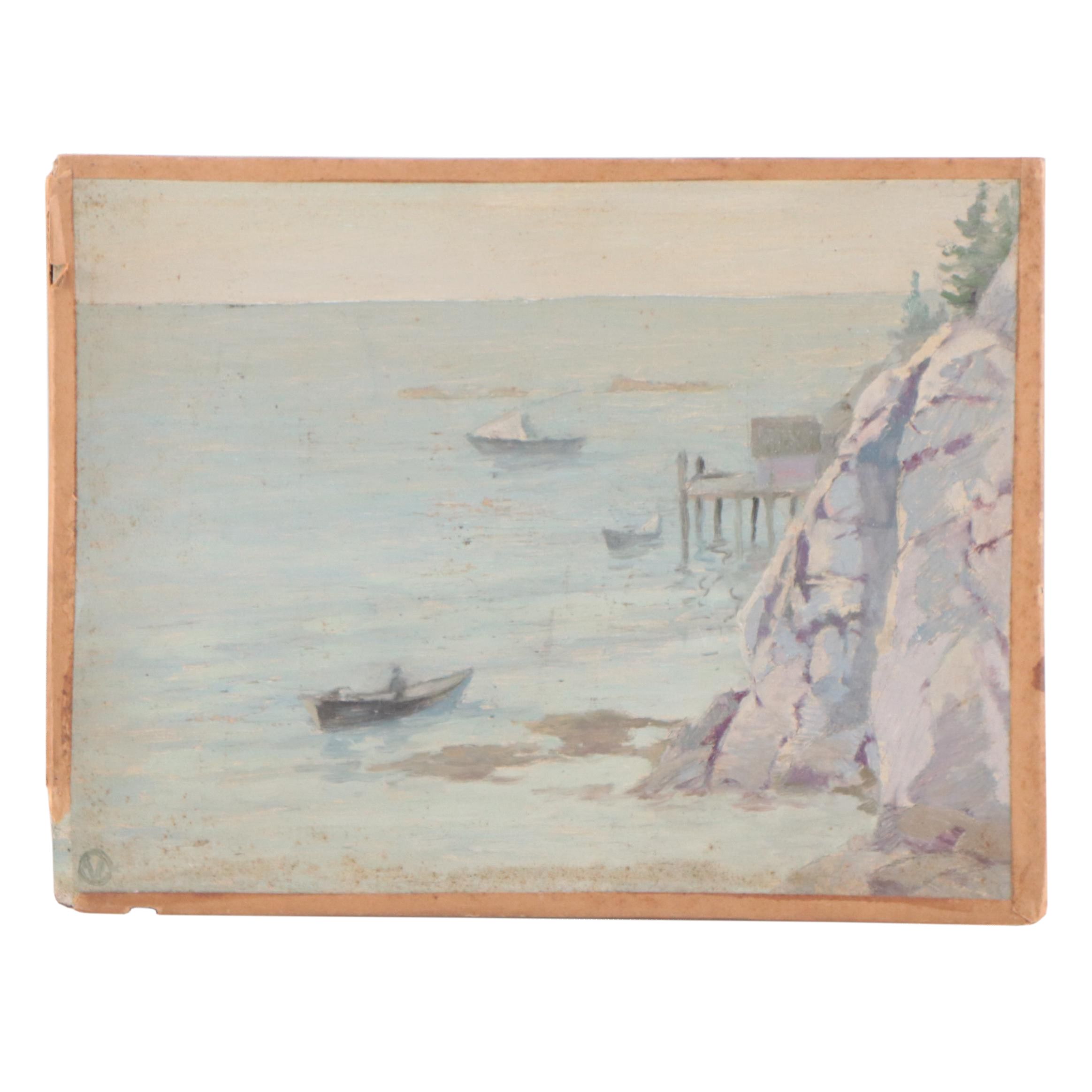 Coastal Scene WIth Fishing Boats Oil Painting, Circa 1940