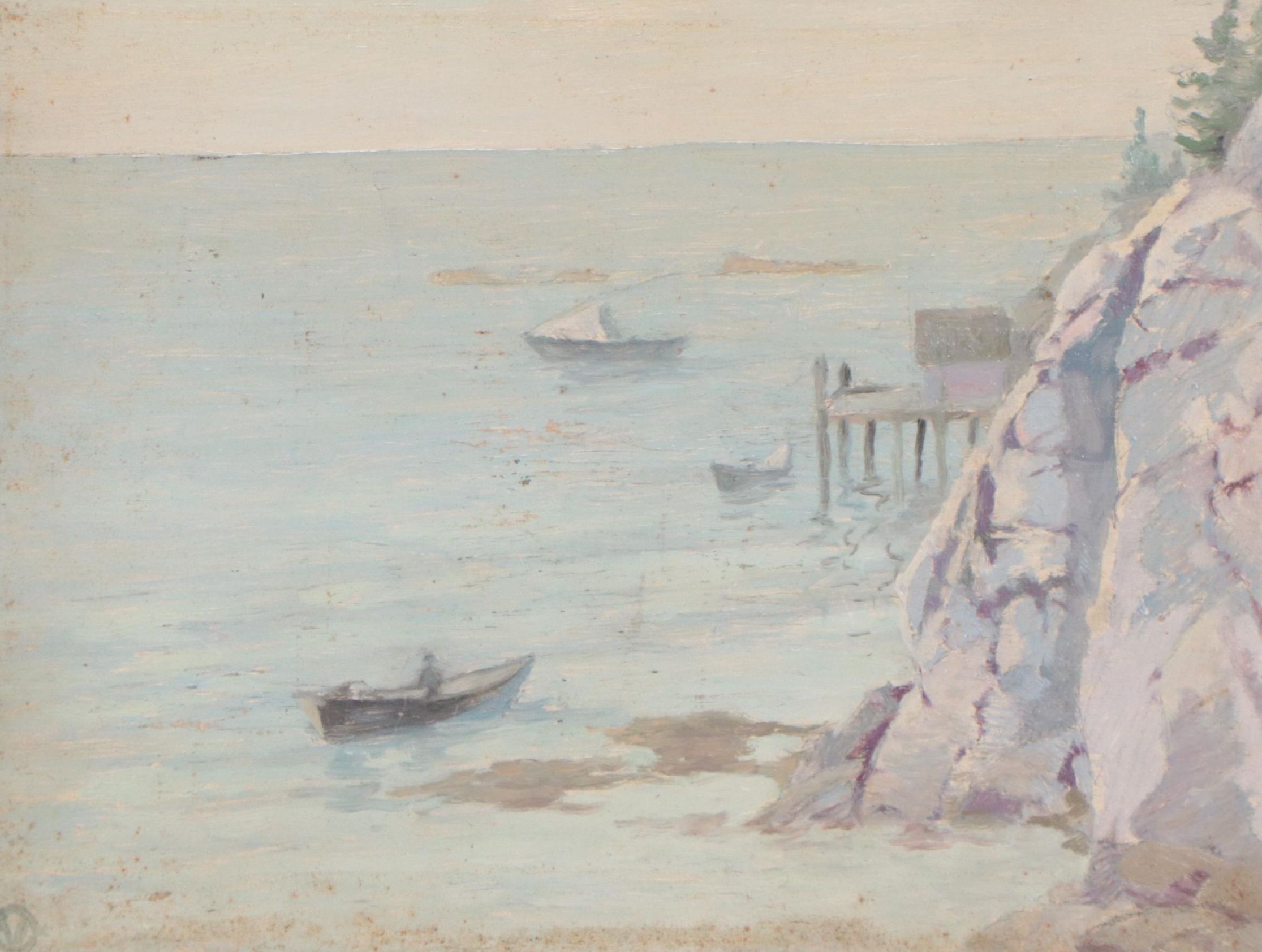 Coastal Scene WIth Fishing Boats Oil Painting, Circa 1940