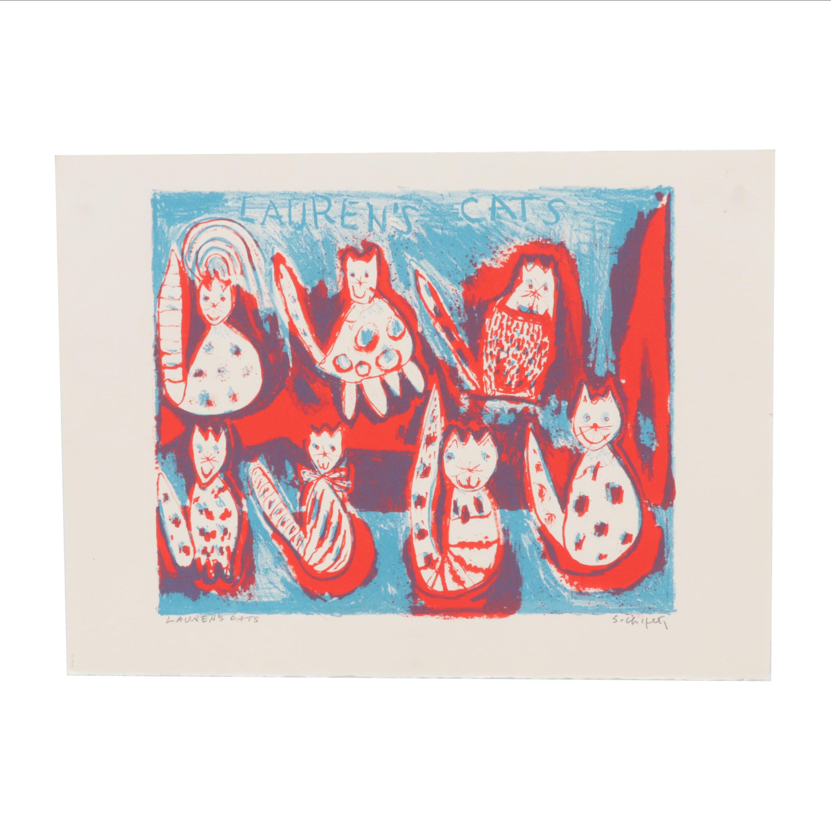 Sidney Chafetz Color Lithograph "Lauren's Cats," 1994