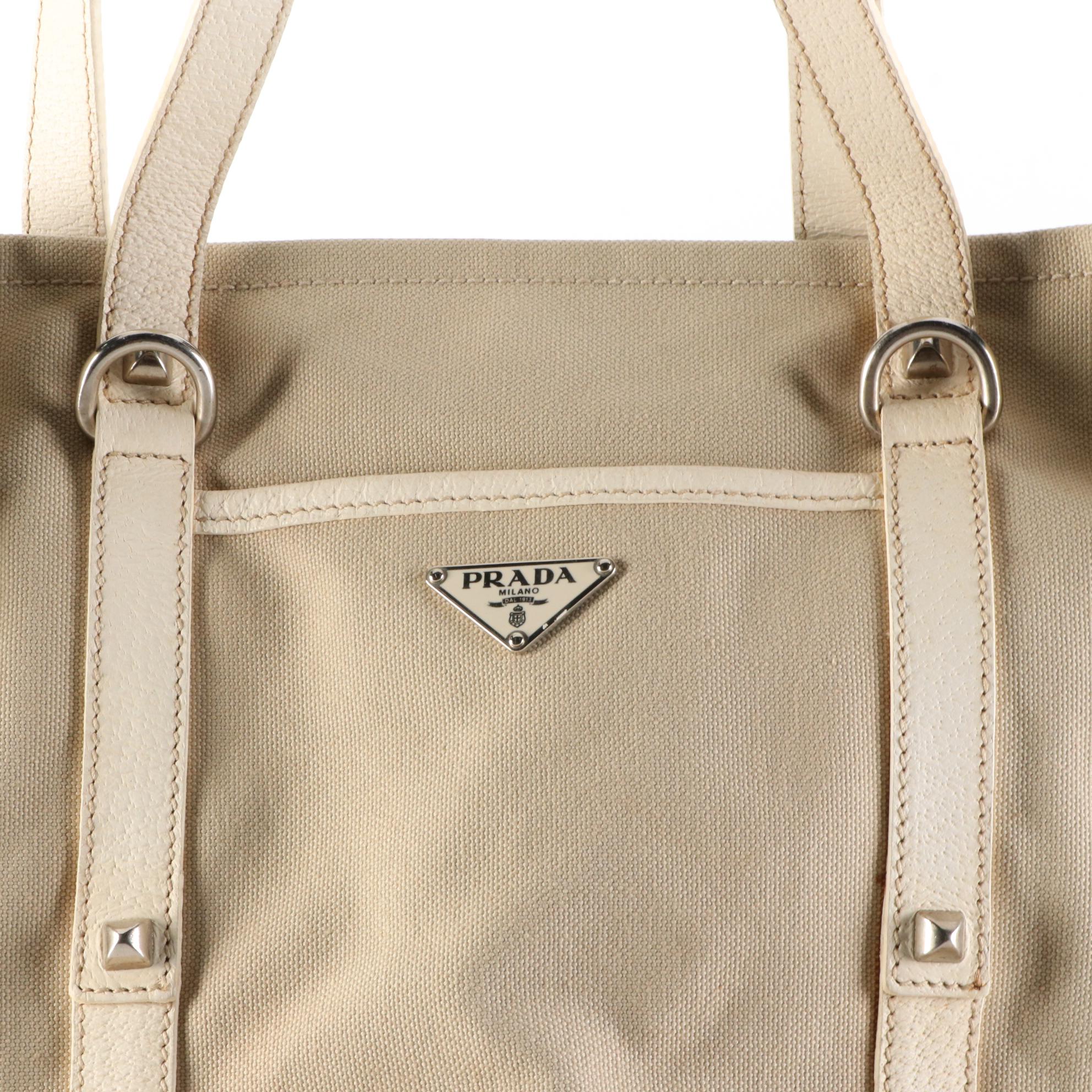 Prada Canvas and Studded Leather Tote Bag