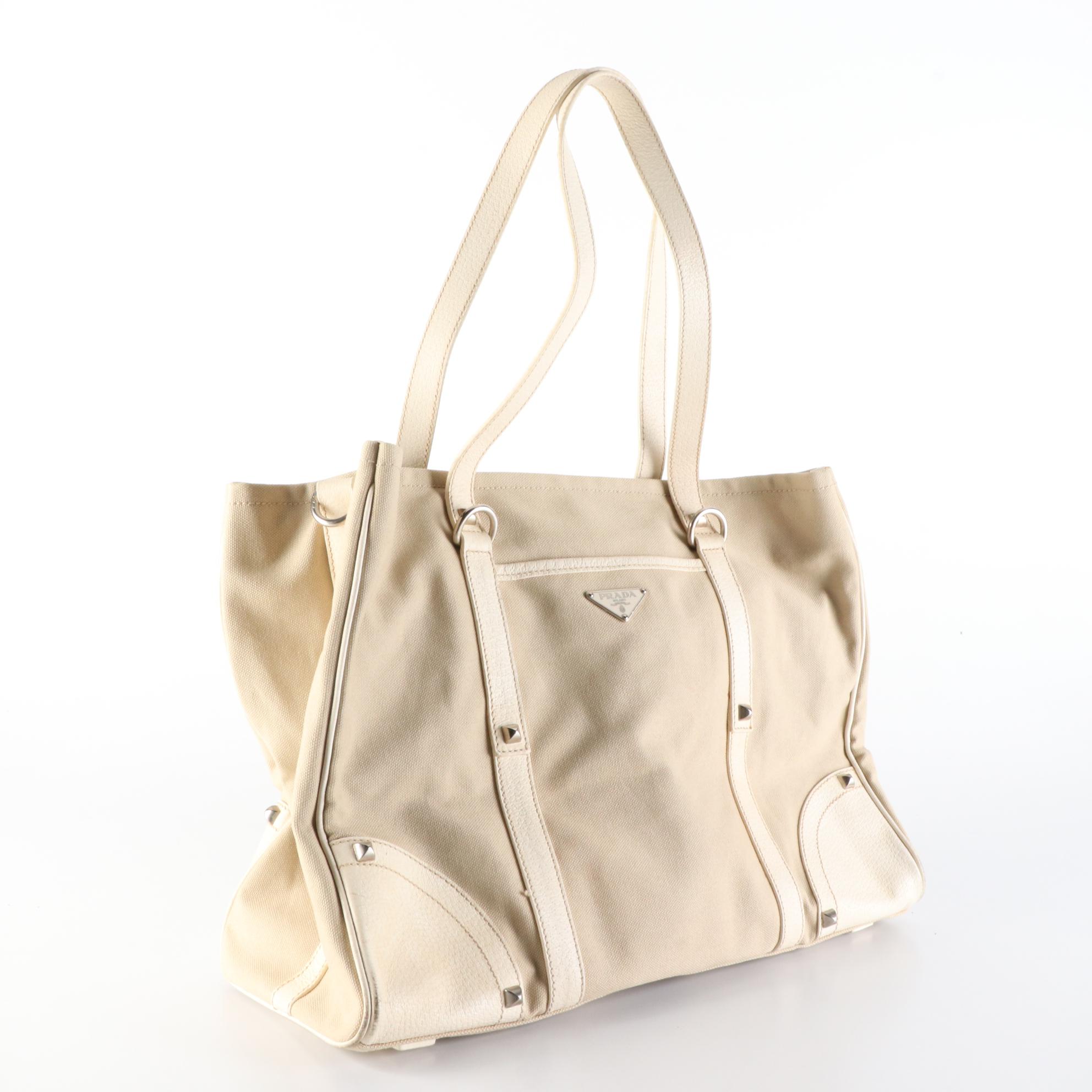 Prada Canvas and Studded Leather Tote Bag