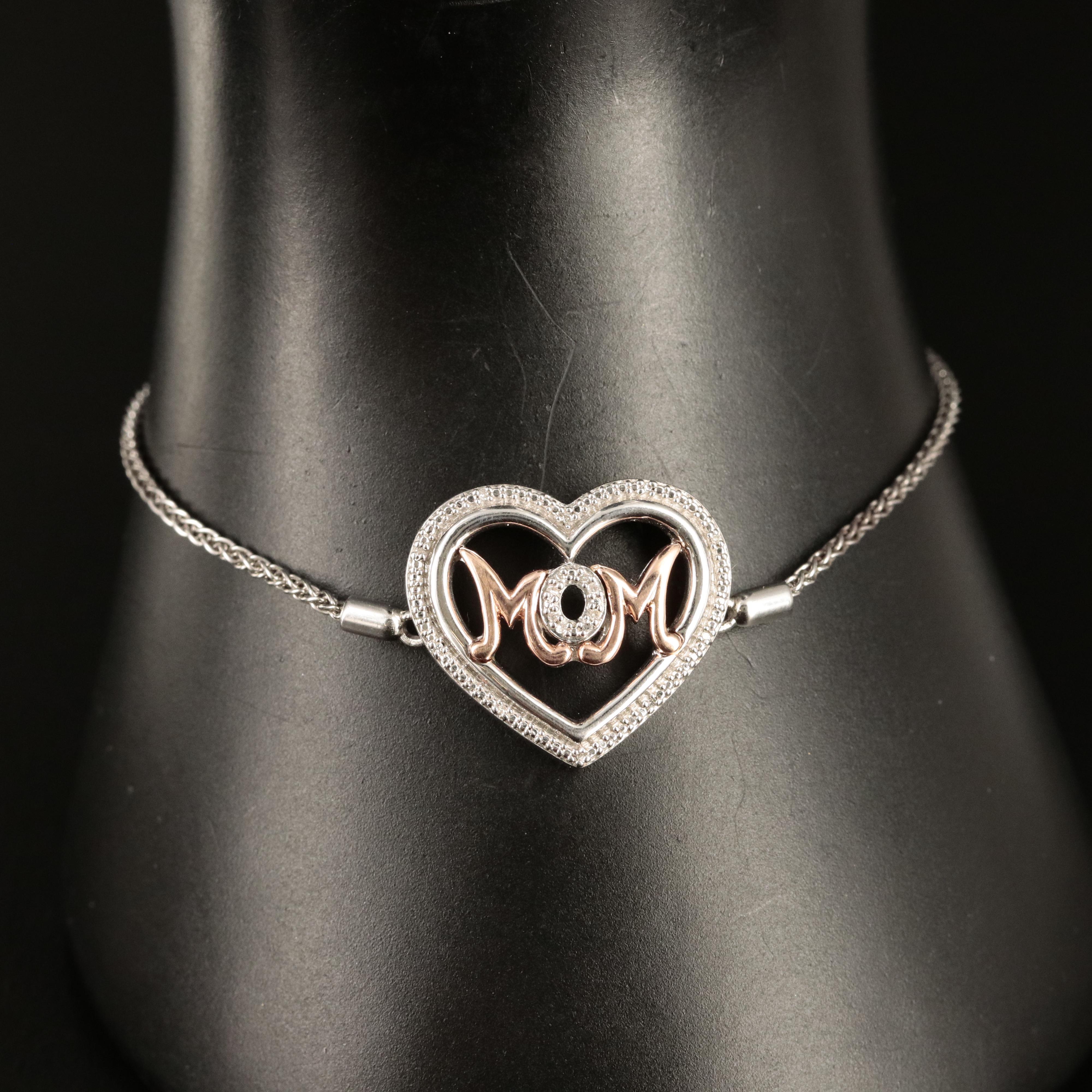 Sterling Diamond "Mom" and Heart Bolo Bracelet with 10K Rose Gold Accents