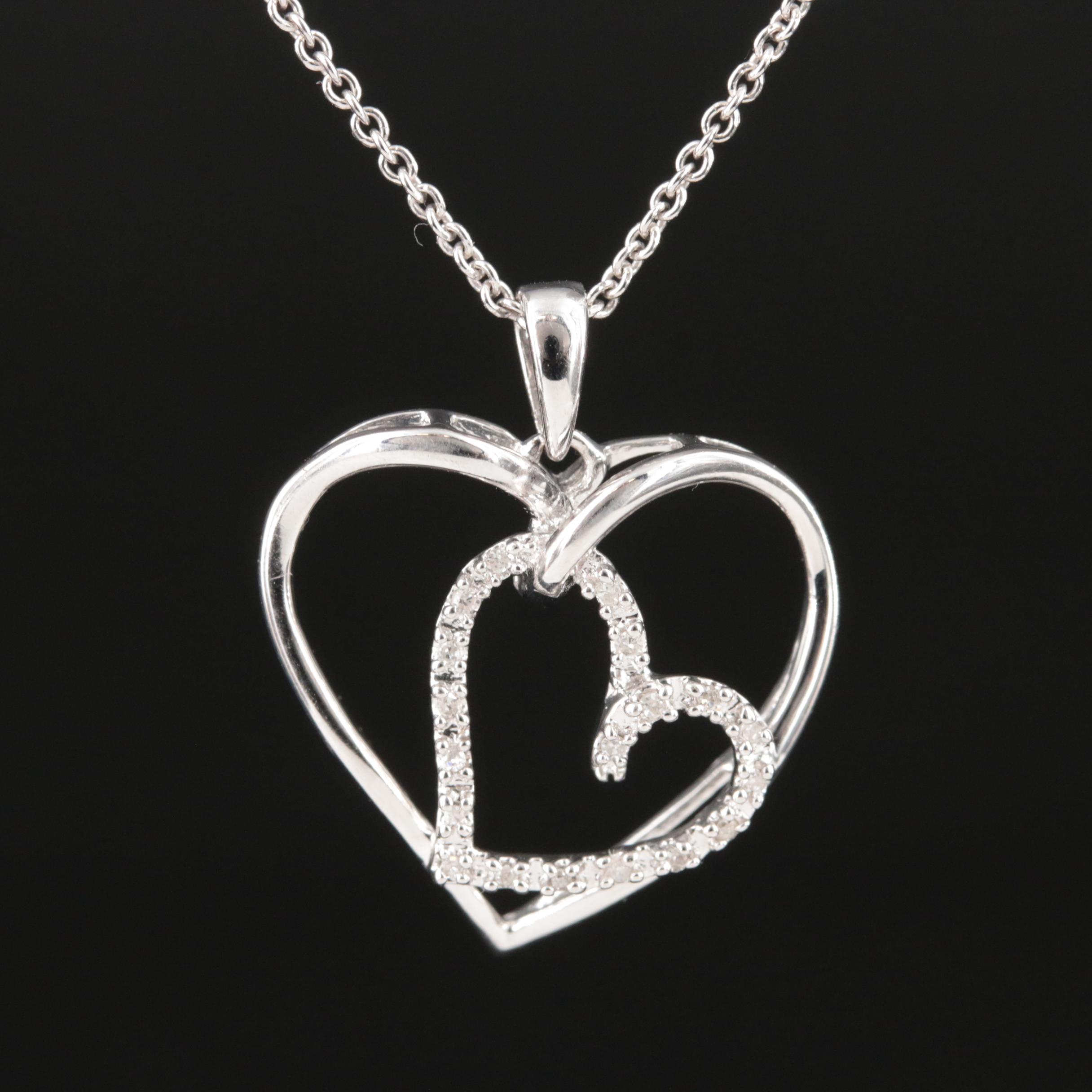 Sterling Diamond Double Heart Pendant Necklace
