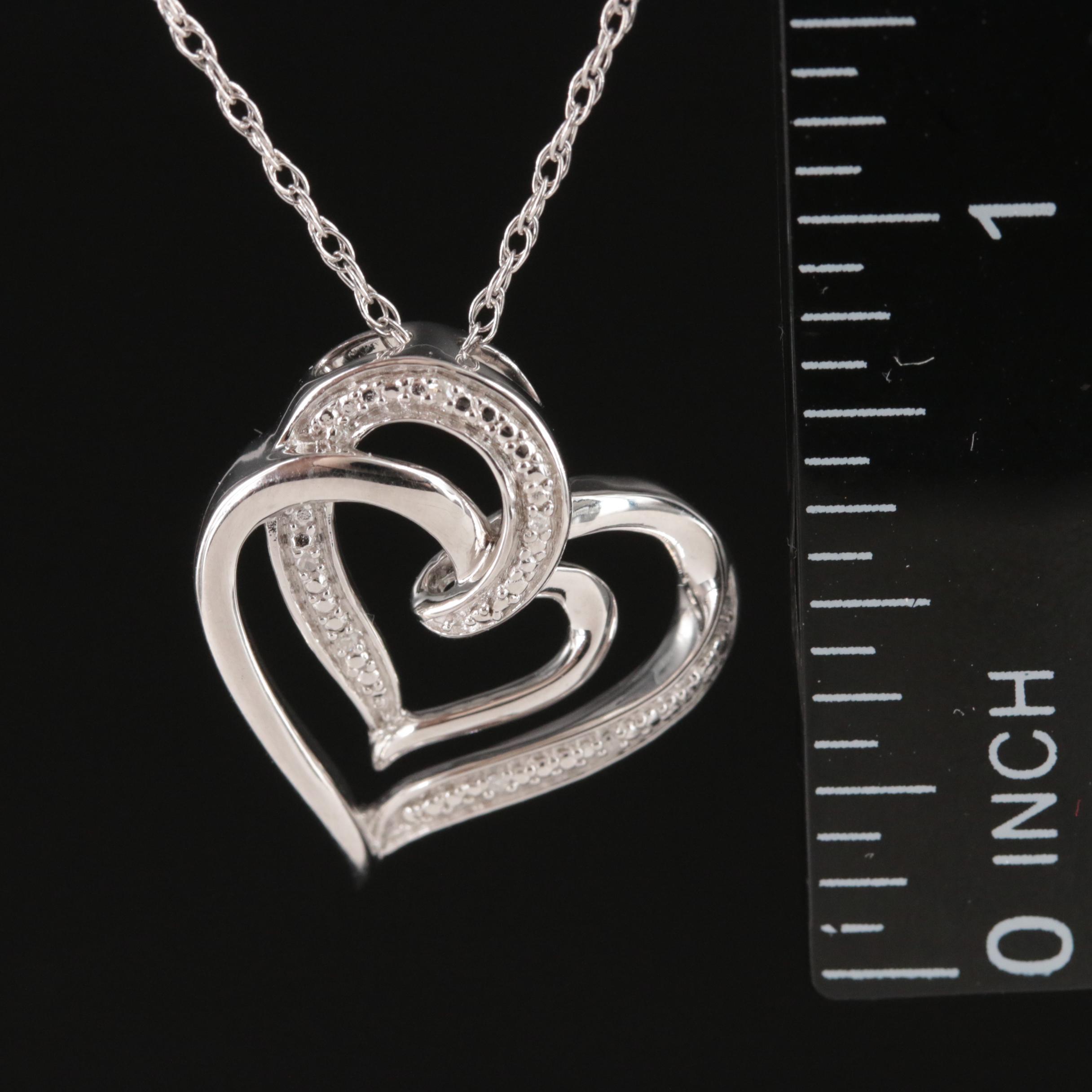 Sterling Diamond Double Heart Pendant Necklace