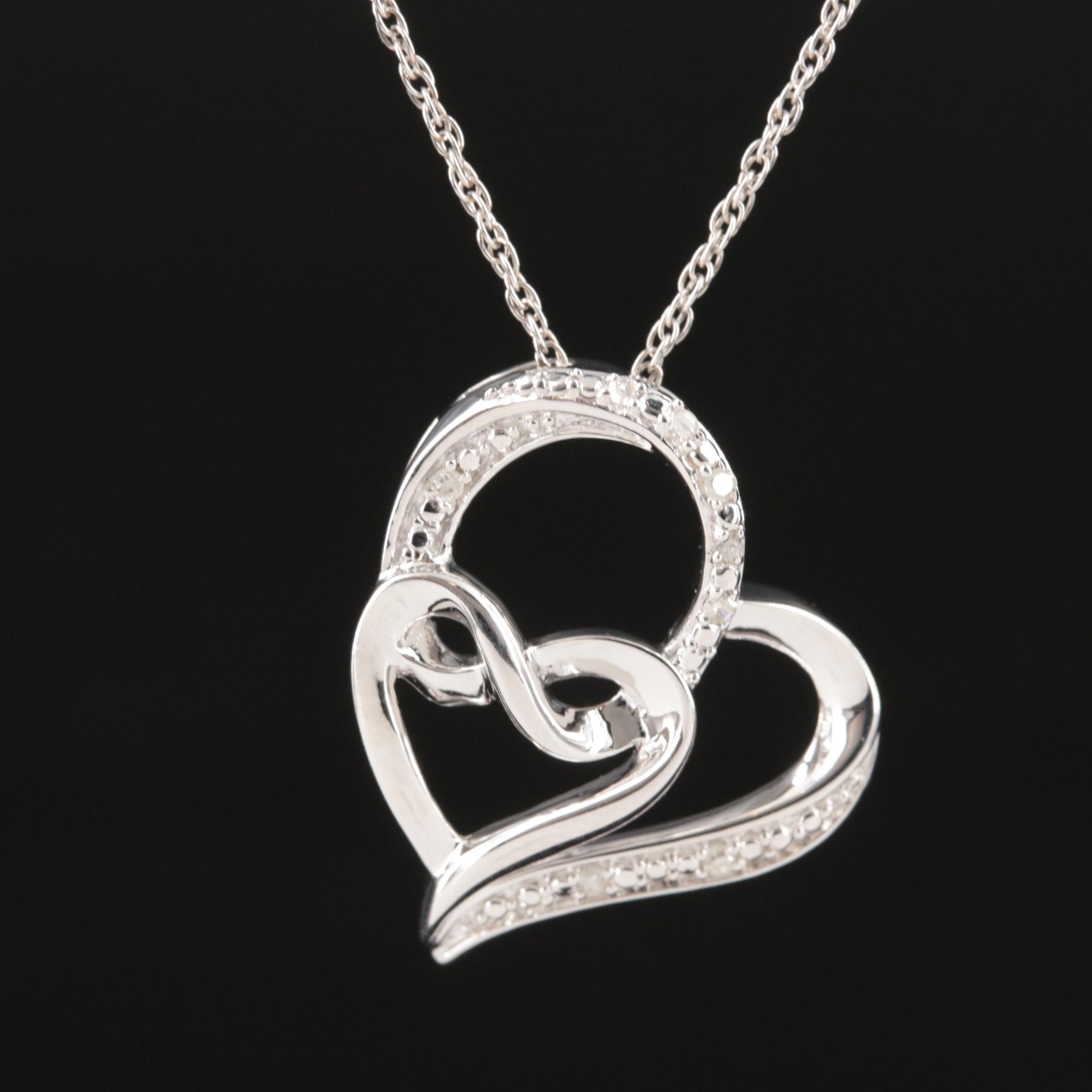 Sterling Diamond Double Heart Pendant Necklace