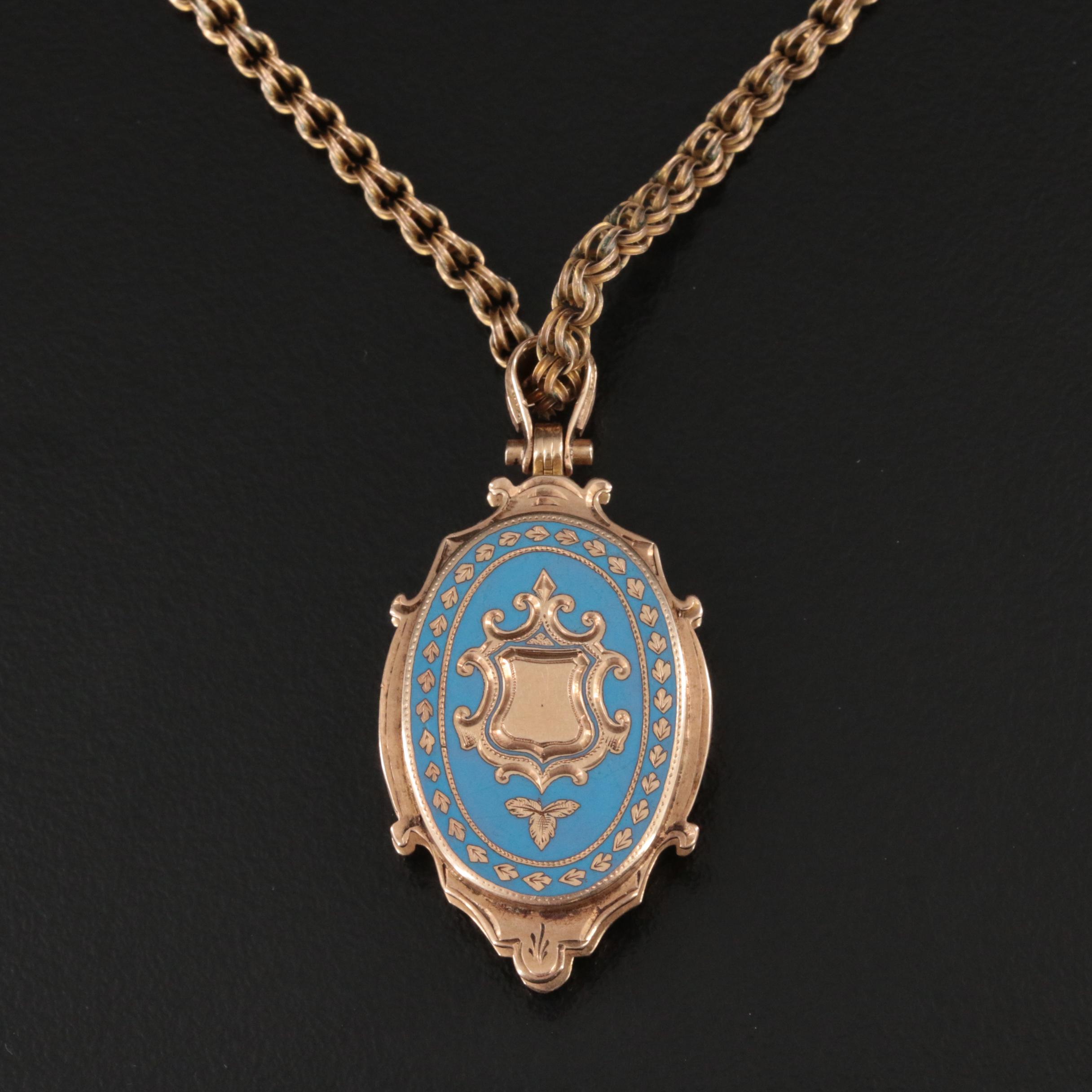 Victorian 10K Enamel and Ivy Patterned Reversible Locket Necklace