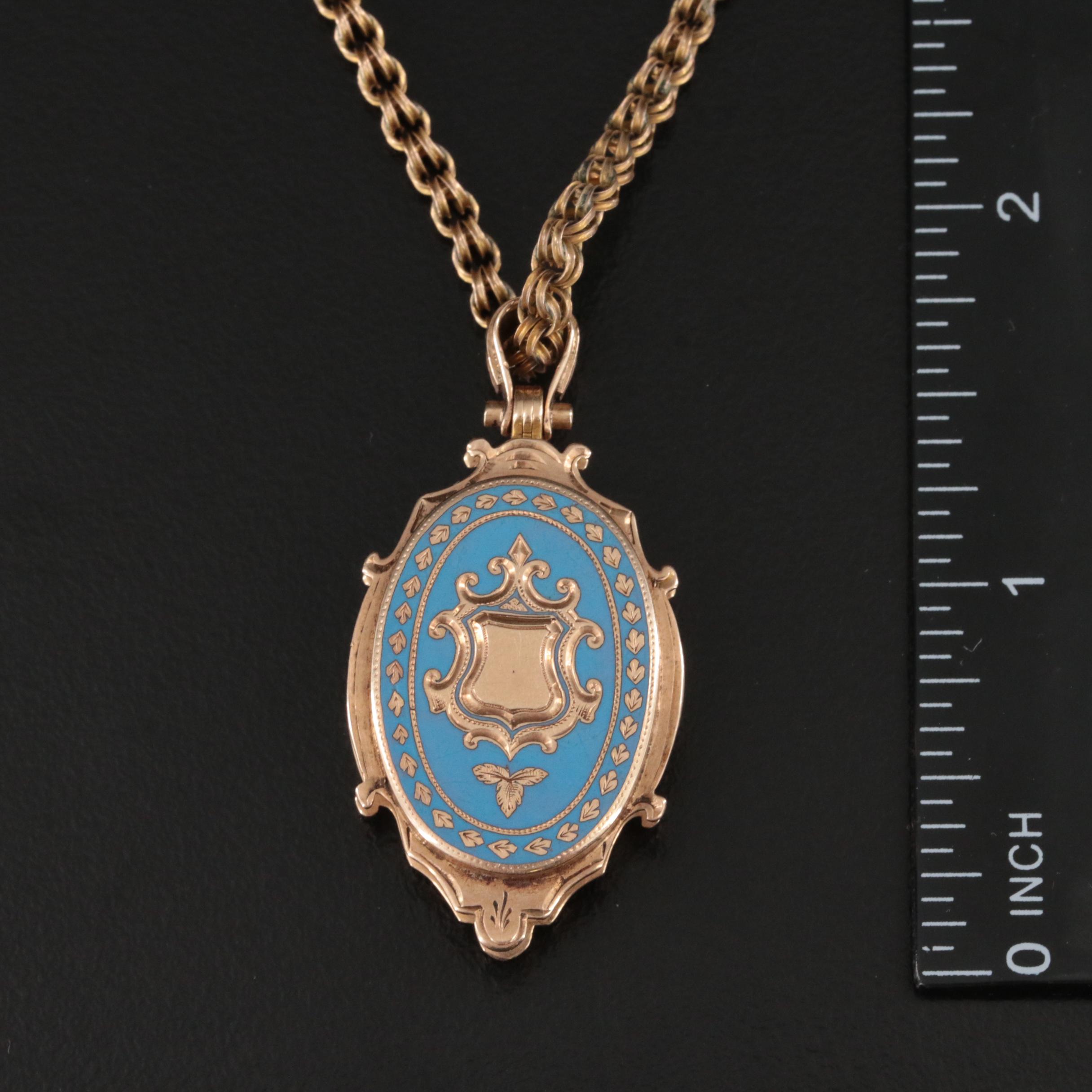 Victorian 10K Enamel and Ivy Patterned Reversible Locket Necklace