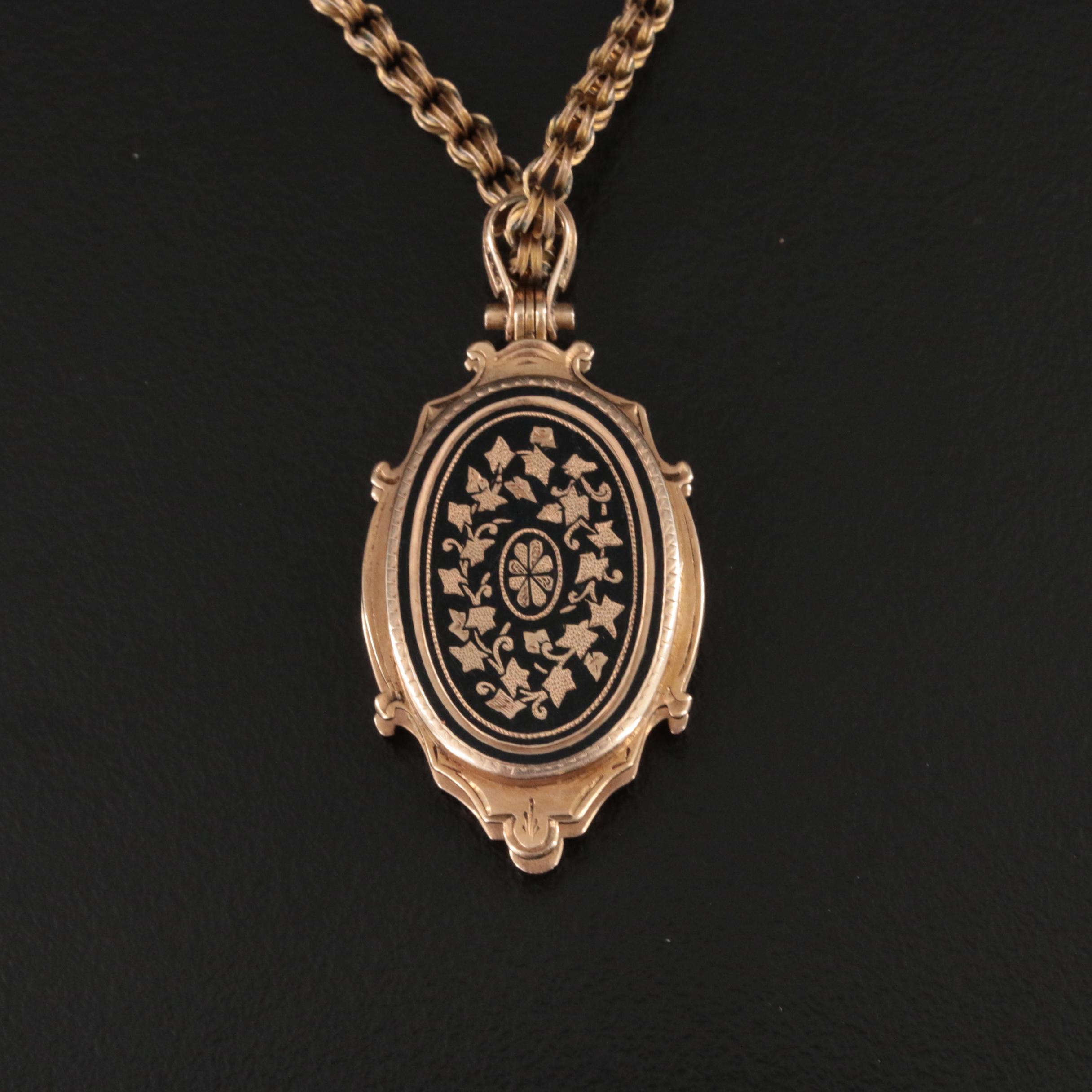 Victorian 10K Enamel and Ivy Patterned Reversible Locket Necklace