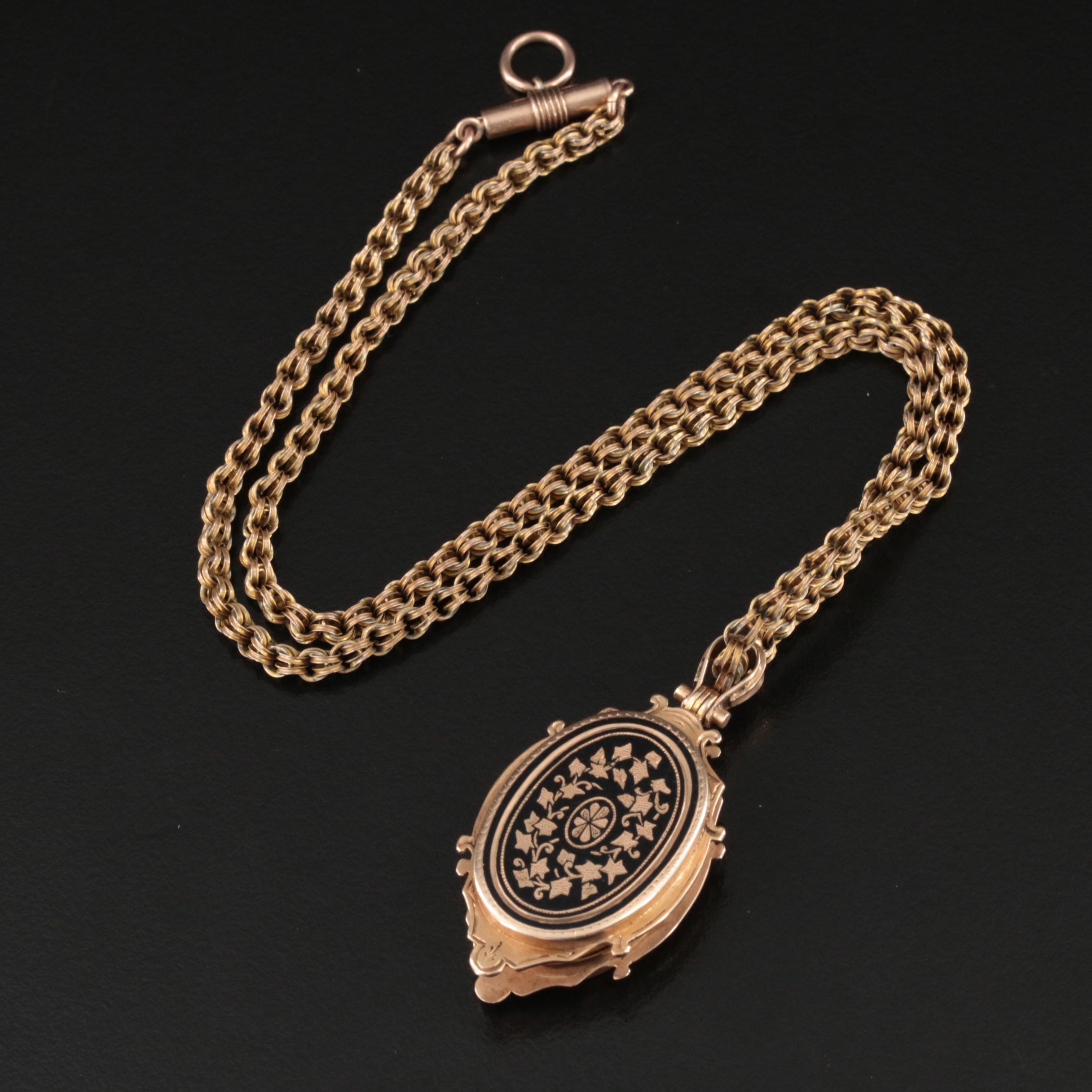 Victorian 10K Enamel and Ivy Patterned Reversible Locket Necklace