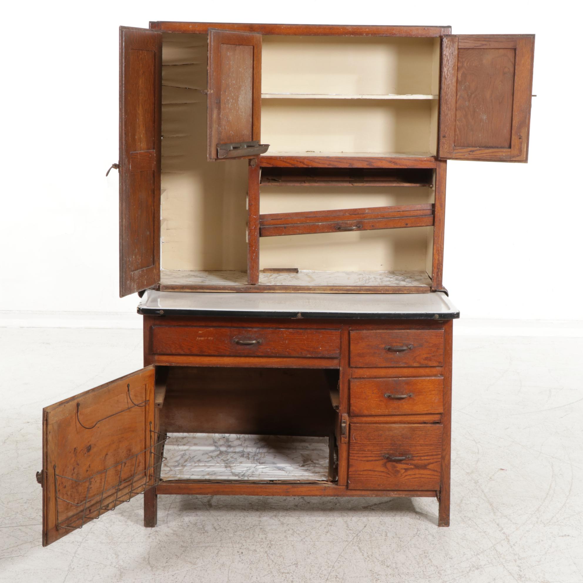 Arts & Crafts Oak and Enameled Metal Hoosier Style Kitchen Work Cabinet