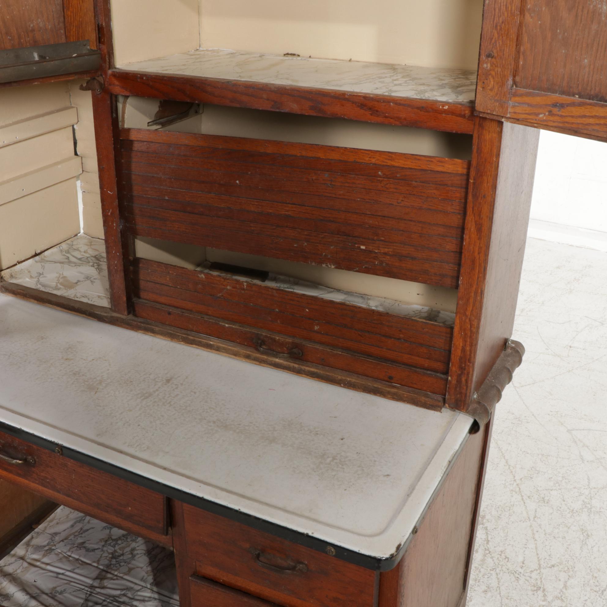 Arts & Crafts Oak and Enameled Metal Hoosier Style Kitchen Work Cabinet