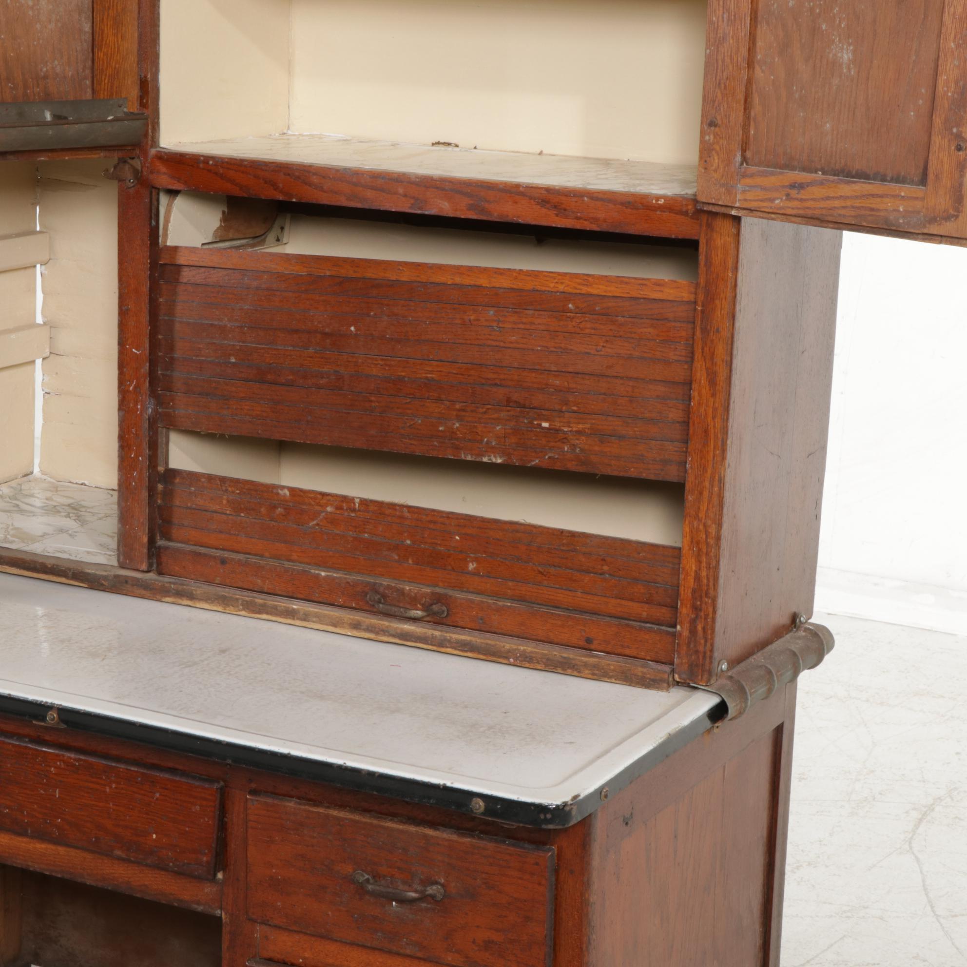 Arts & Crafts Oak and Enameled Metal Hoosier Style Kitchen Work Cabinet