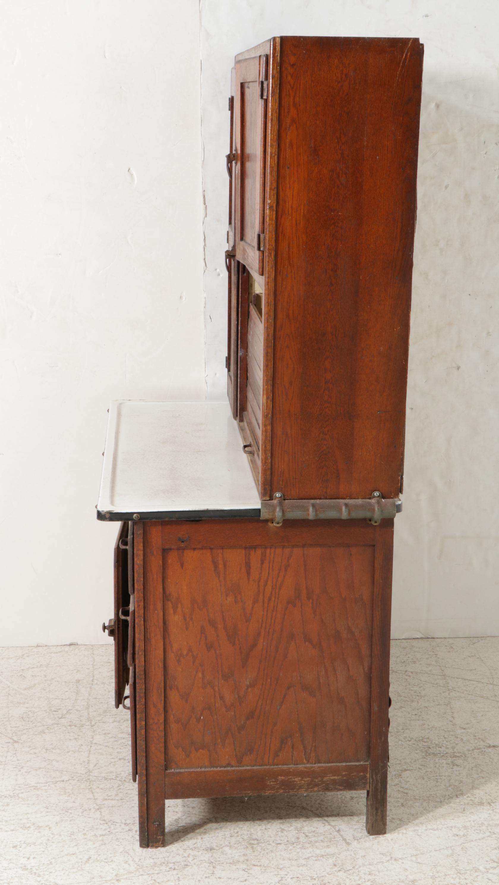 Arts & Crafts Oak and Enameled Metal Hoosier Style Kitchen Work Cabinet