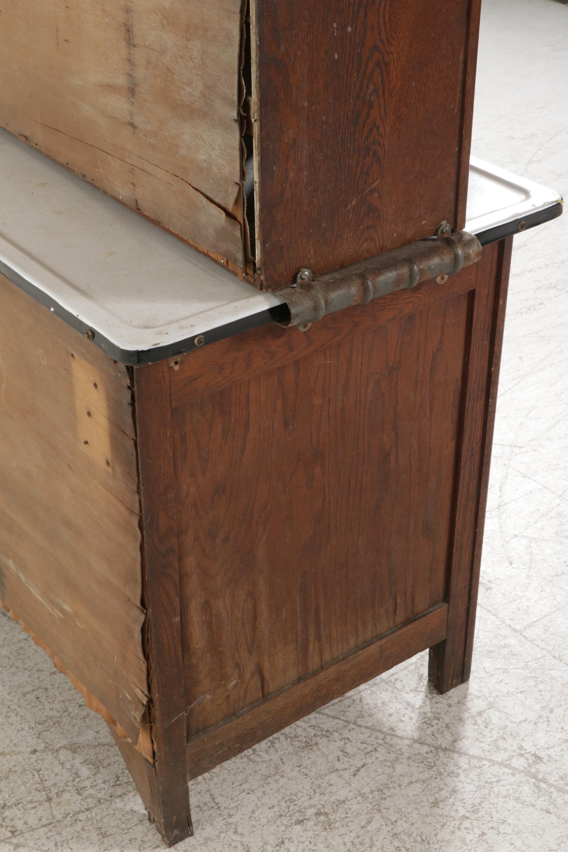 Arts & Crafts Oak and Enameled Metal Hoosier Style Kitchen Work Cabinet