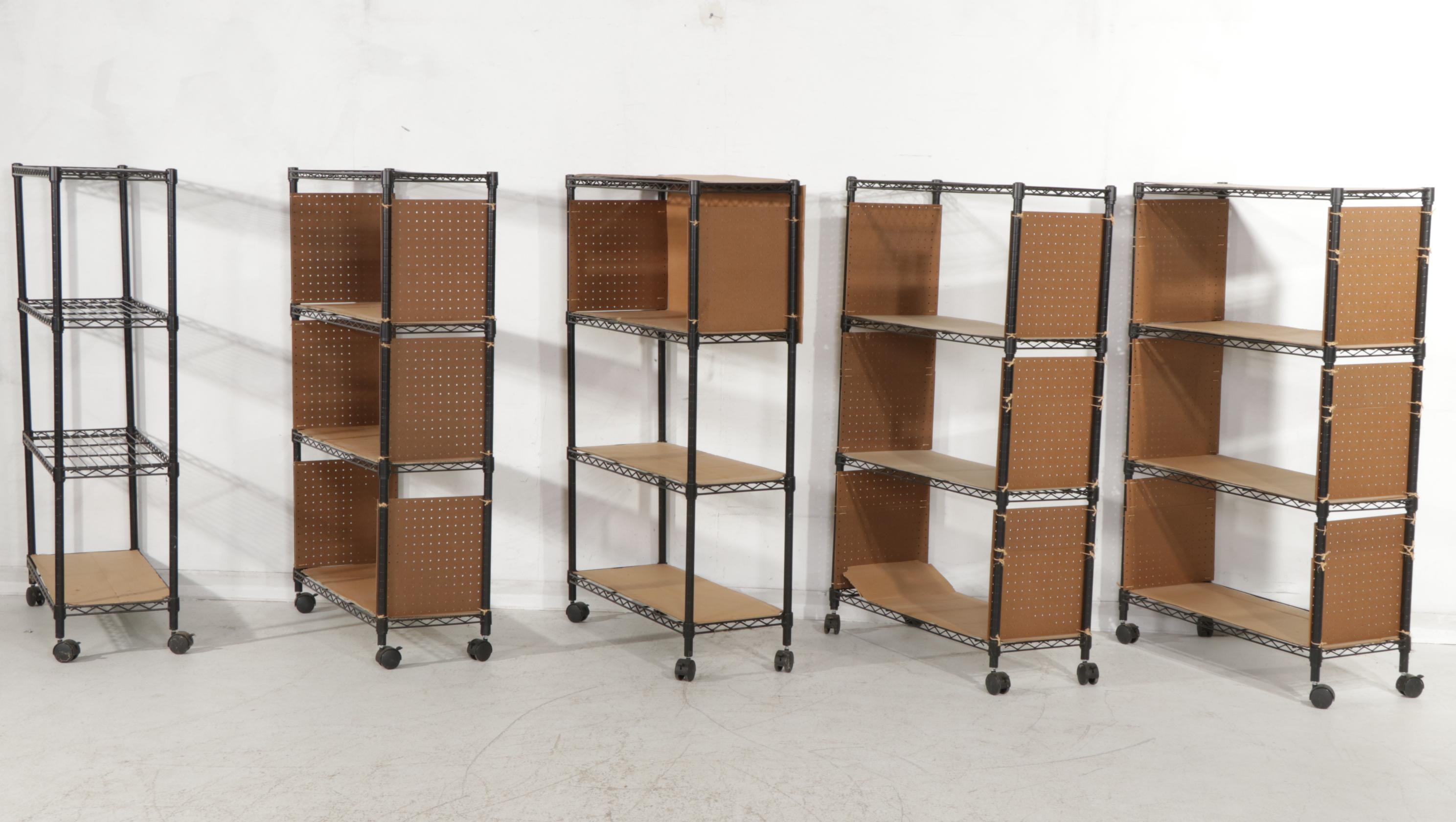 Group of Five Contemporary Four-Tiered Wire Rolling Shelving Racks