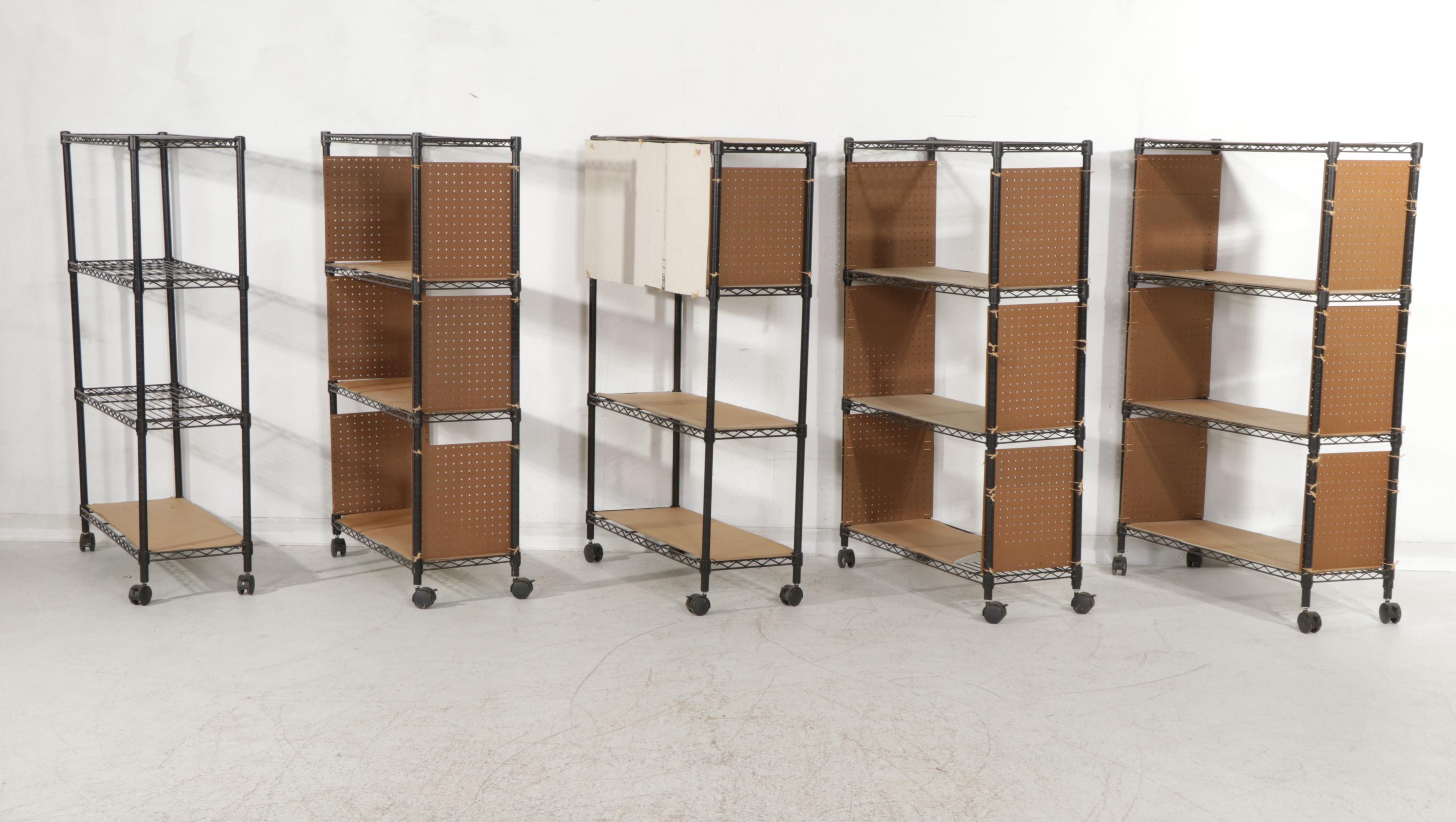 Group of Five Contemporary Four-Tiered Wire Rolling Shelving Racks