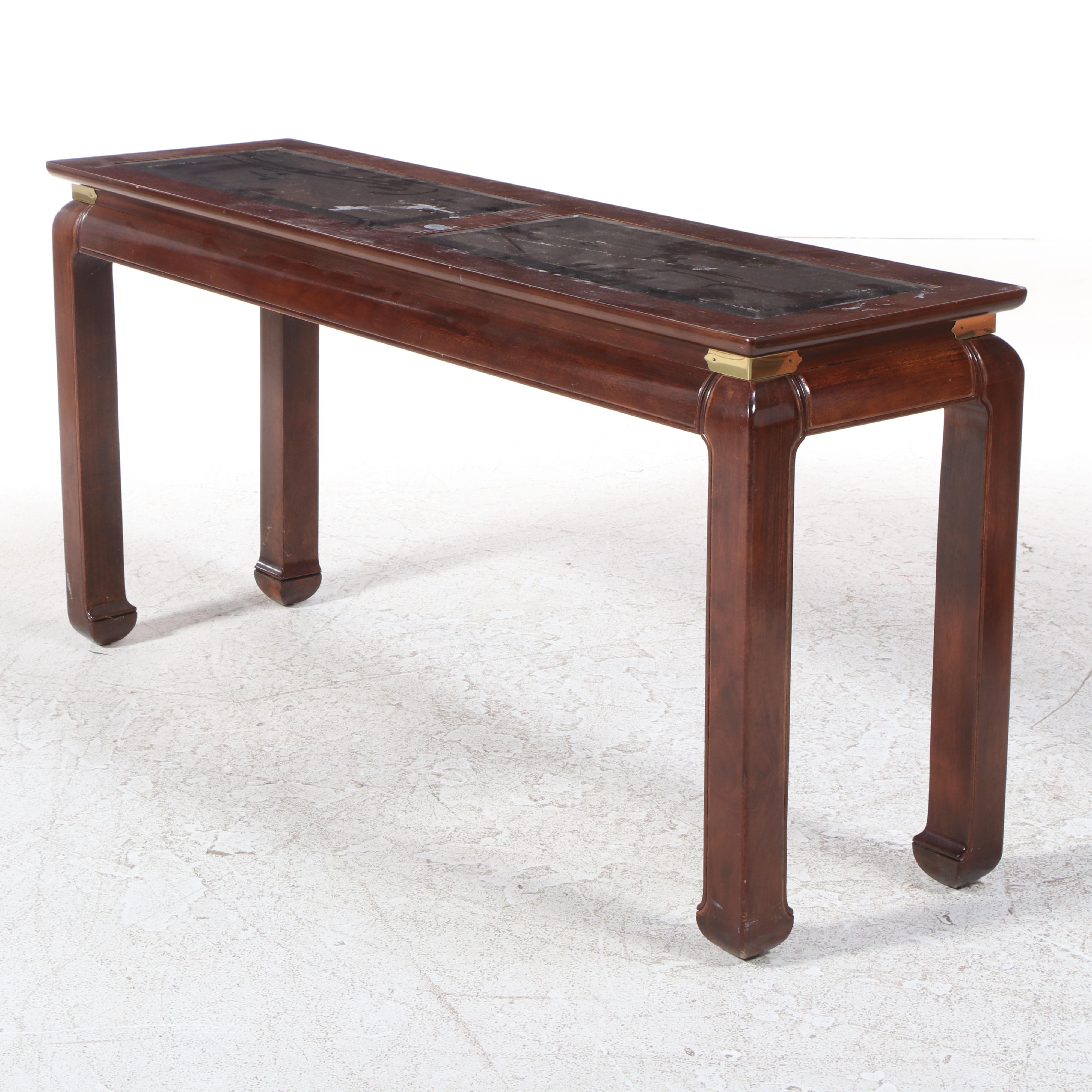 Bernhardt Hardwood and Glass Top Chinoiserie Console Table and Two Stools